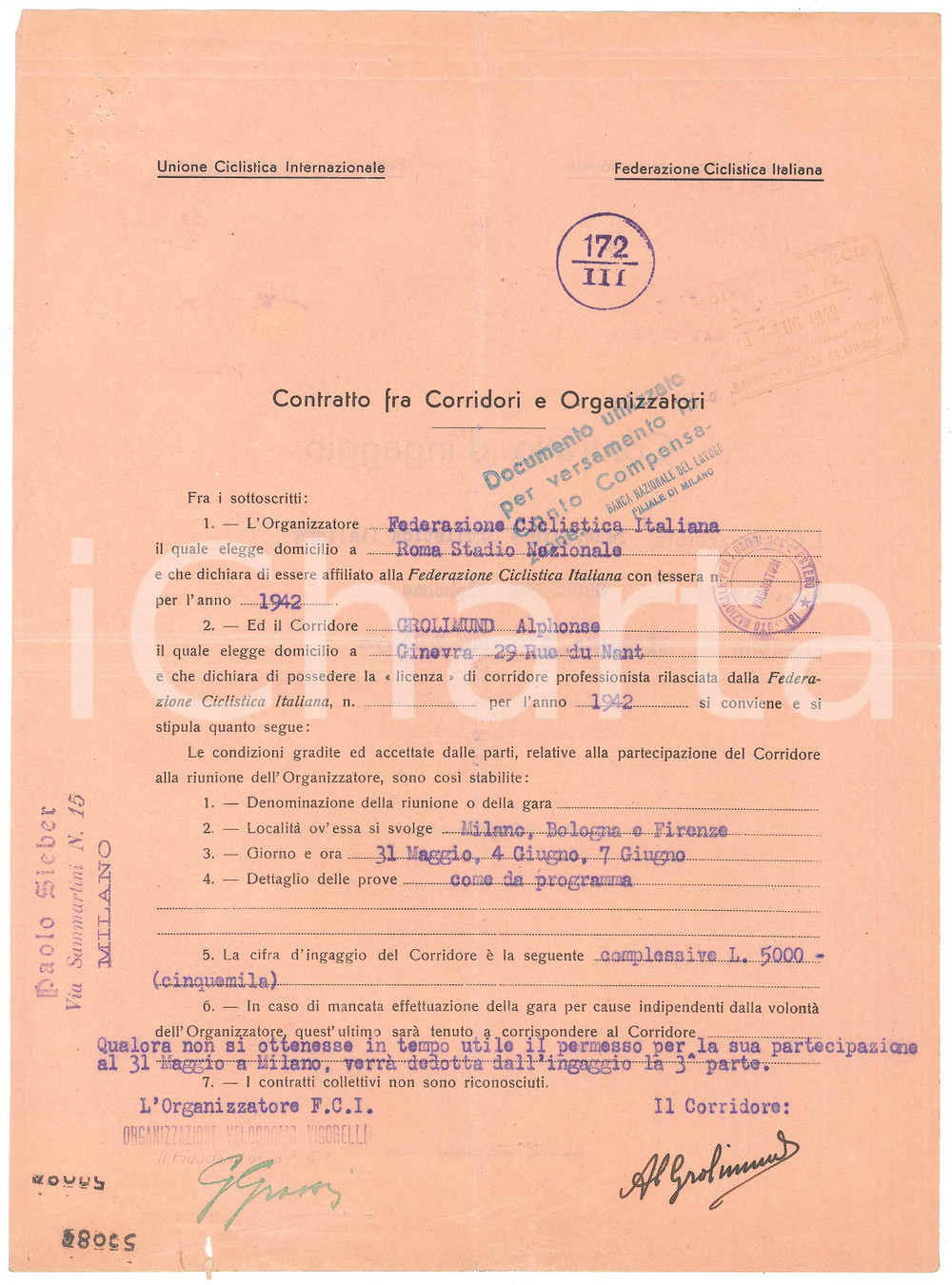 Autografo originale 1942 CICLISMO MILANO VIGORELLI Contratto ingaggio Alphonse GROLIMUND Autografo 1