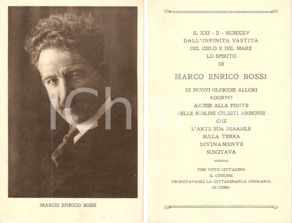 Cartolina originale da collezione 1925 COMO Cittadinanza onoraria a Marco Enrico BOSSI Cartolina COMMEMORATIVA 1