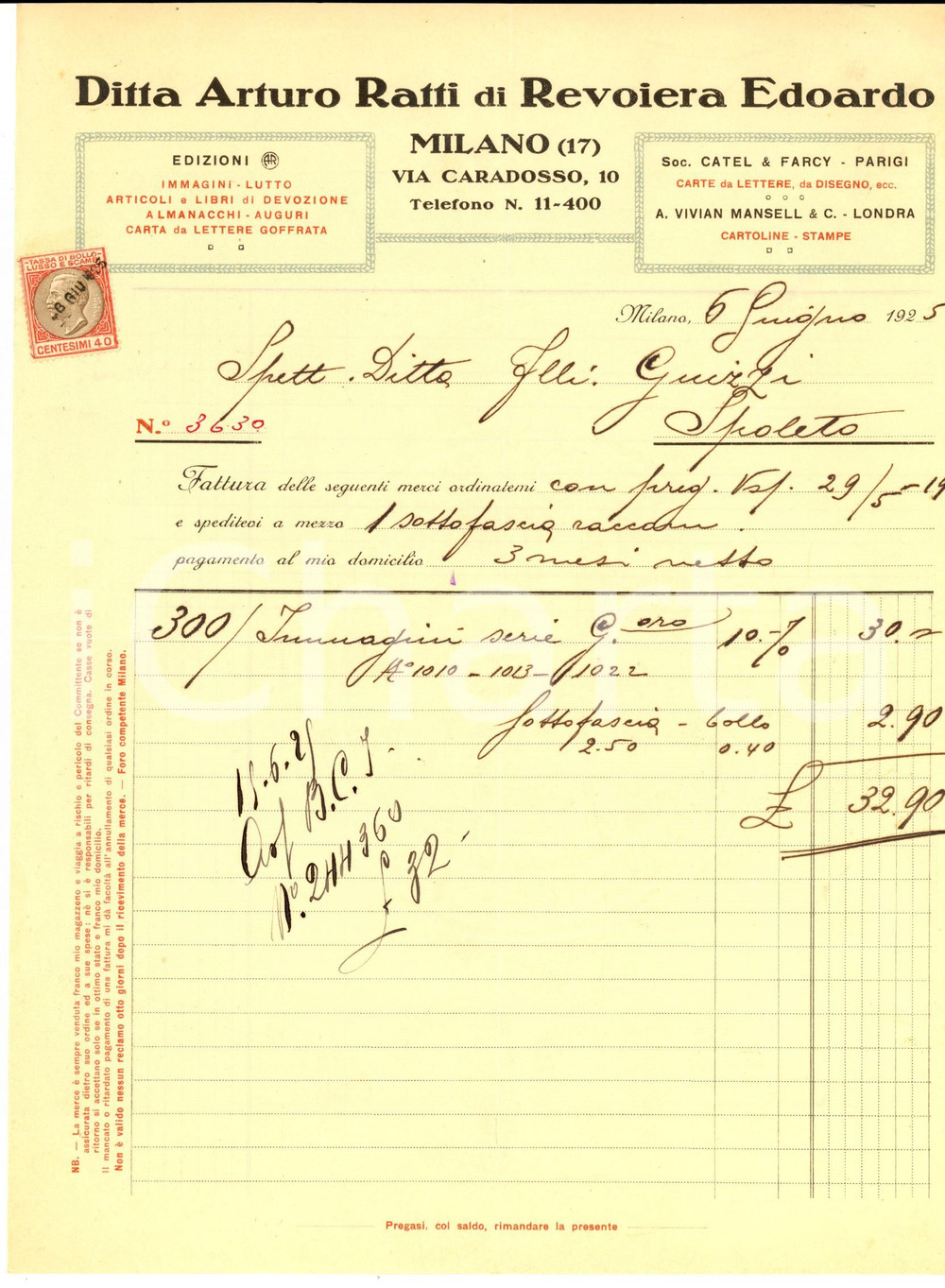 Documento originale, autentico 1929 MILANO Ditta ARTURO RATTI di REVOIERA Edoardo  Articoli devozione Fattura 1