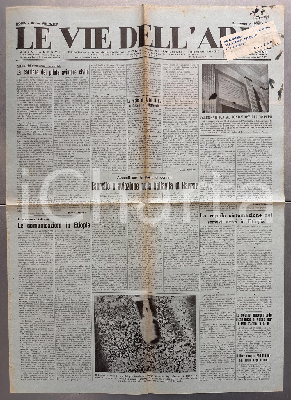 Giornale, rivista storica 1936 LE VIE DELL'ARIA Esercito e Aviazione Battaglia di HARAR *Giornale 1