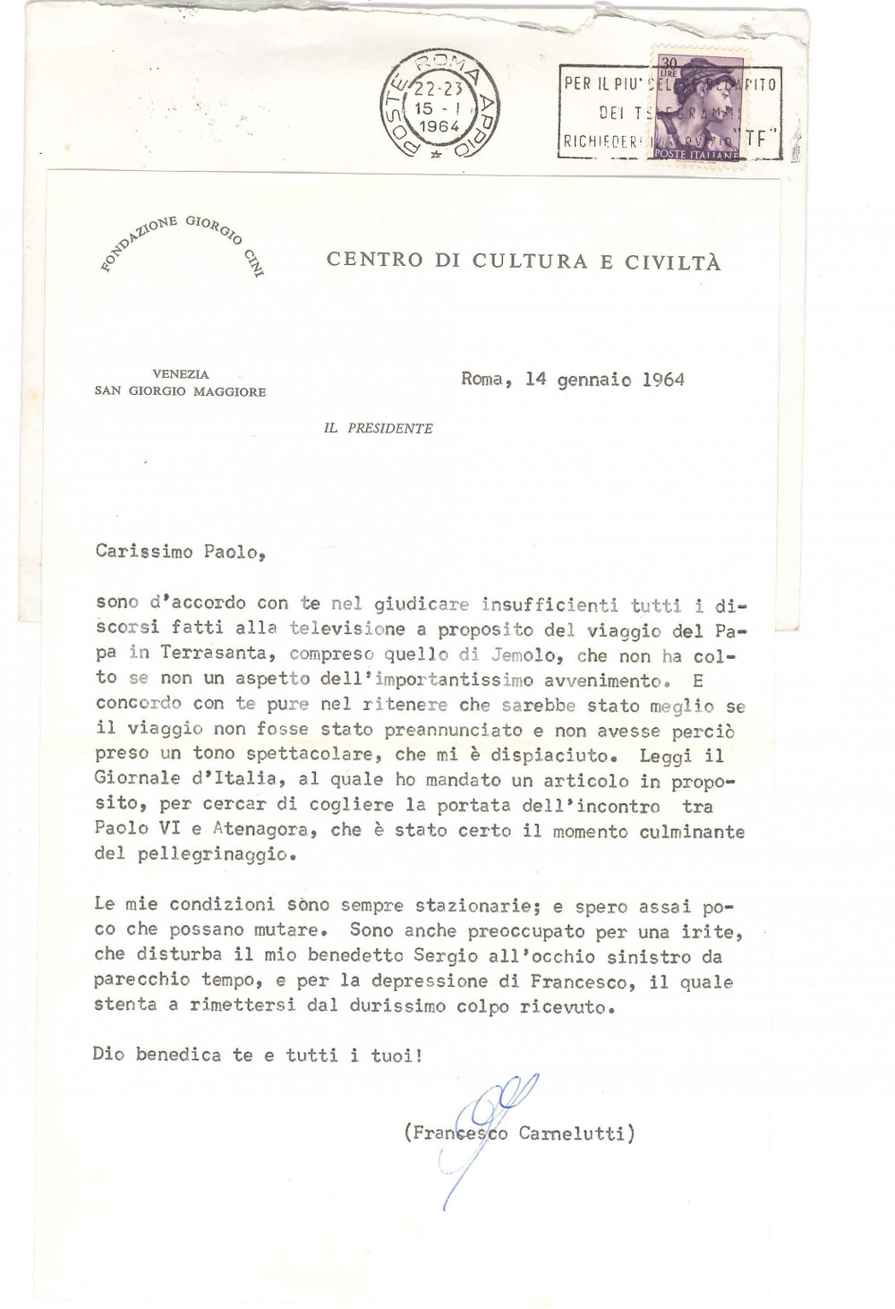 Autografo originale 1963 MILANO Francesco CARNELUTTI sul viaggio del Papa in Terrasanta AUTOGRAFO 1