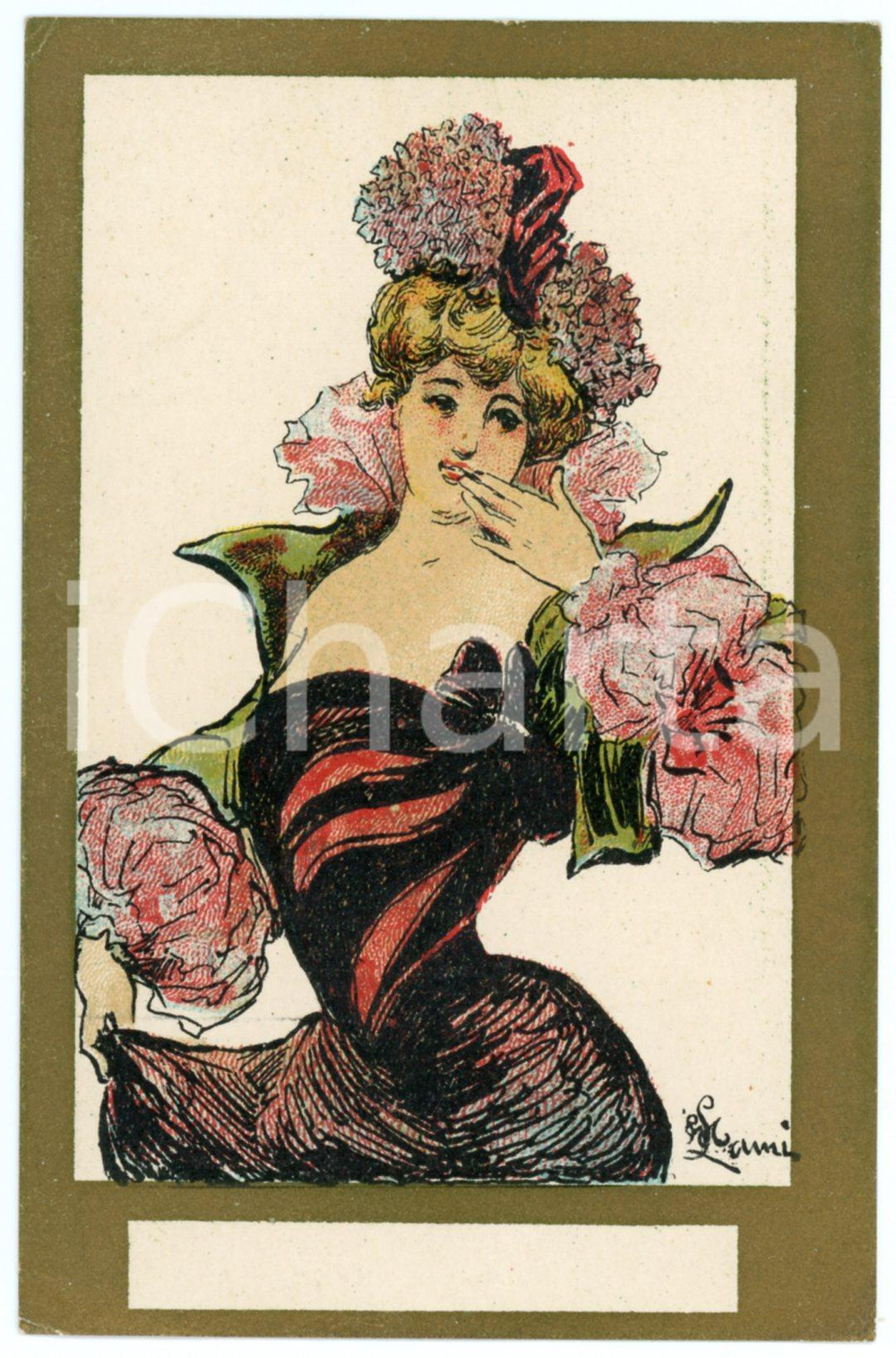1910 ca FRANCE Illustrateur LAMI - Dame en rouge - Carte postale vintage  Cartolina postale d'epoca, non viaggiata. GOOD/buono ma piccola macchia al verso Formato: 9x14 cm originale e autentica 1