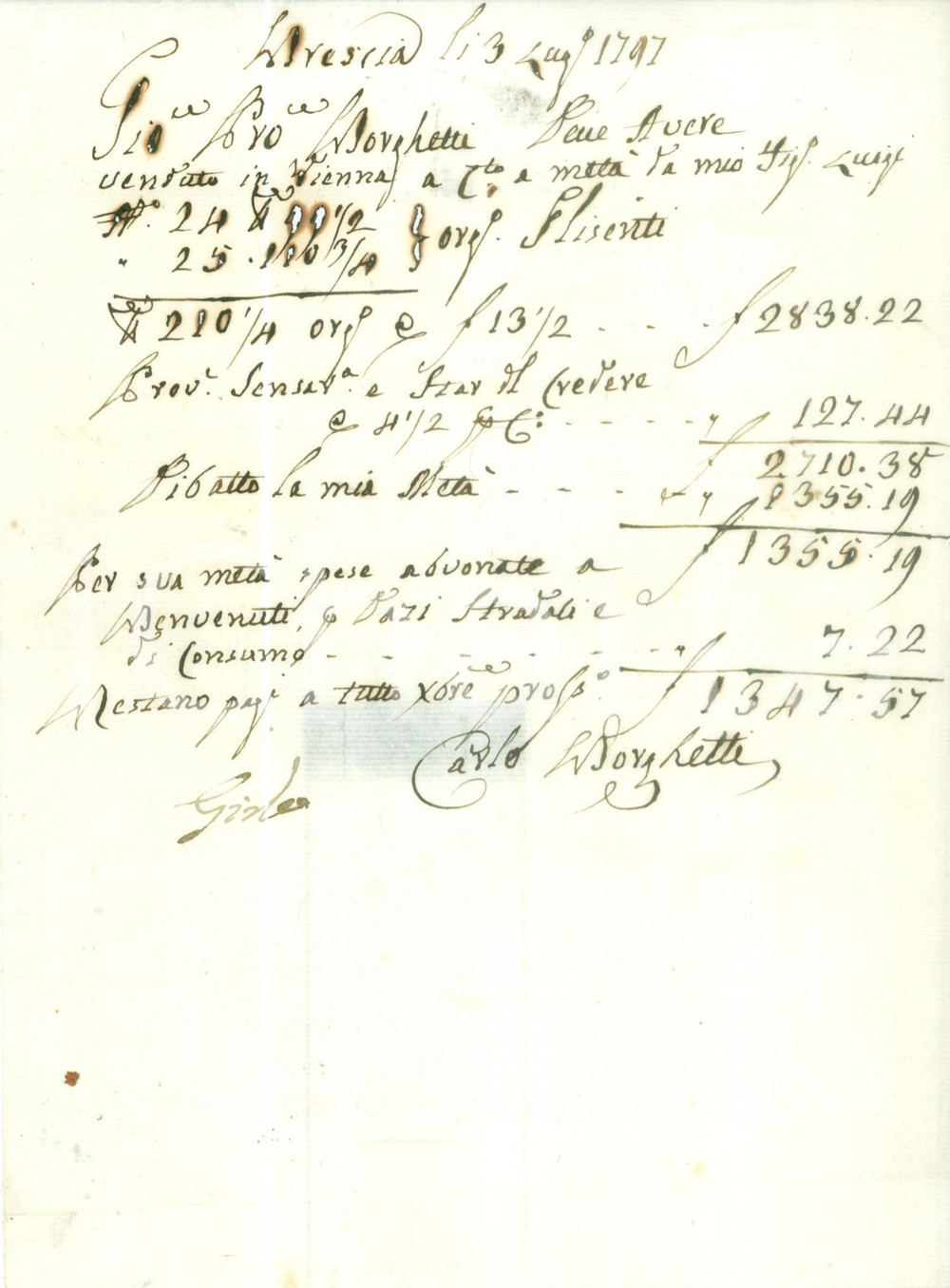 Documento originale, autentico 1797 BRESCIA Giovanni Pietro BORGHETTI Conto dare e avere Fattura manoscritta 1