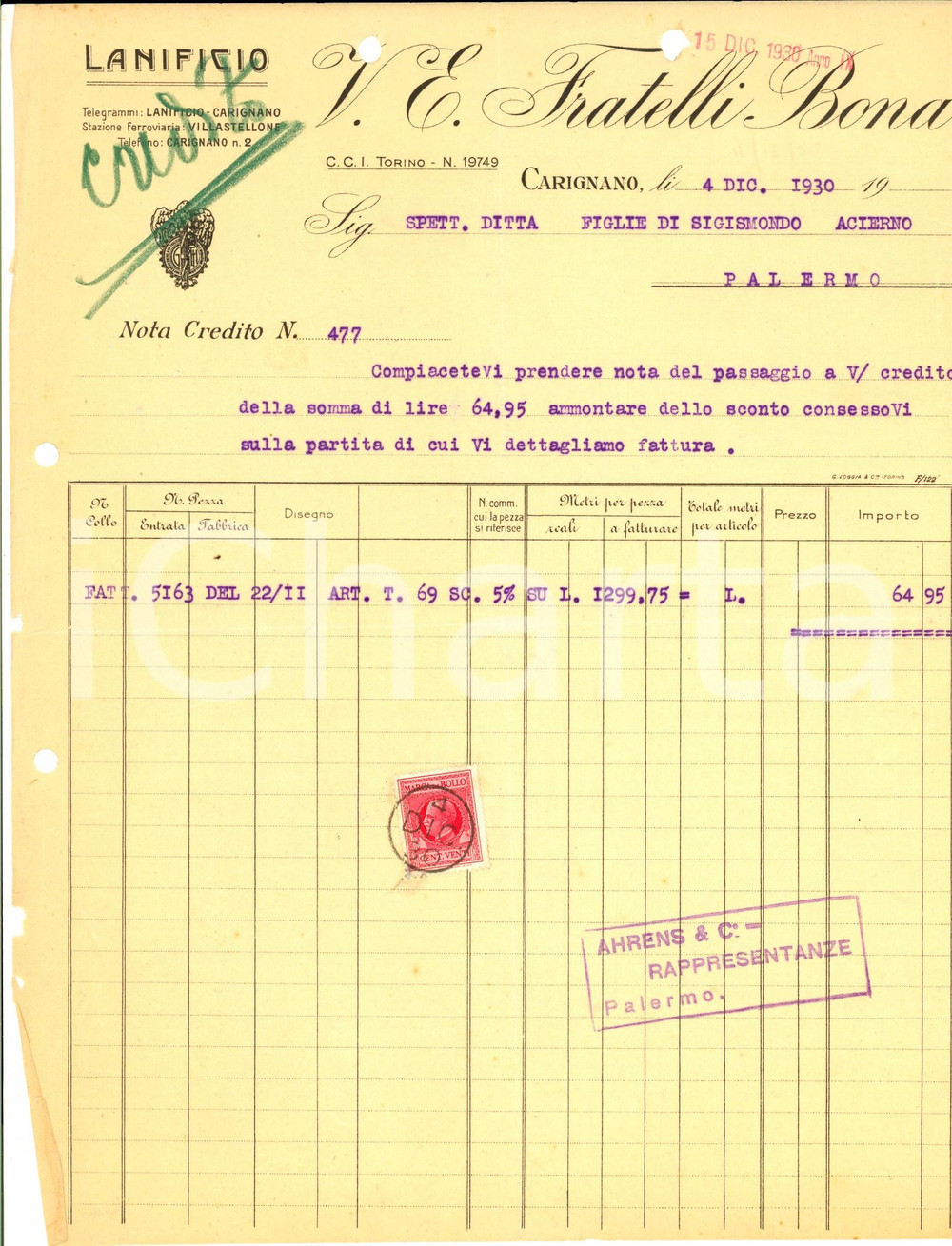 Documento originale, autentico 1930 CARIGNANO TO Lanificio FRATELLI BONA Nota di credito intestata 1