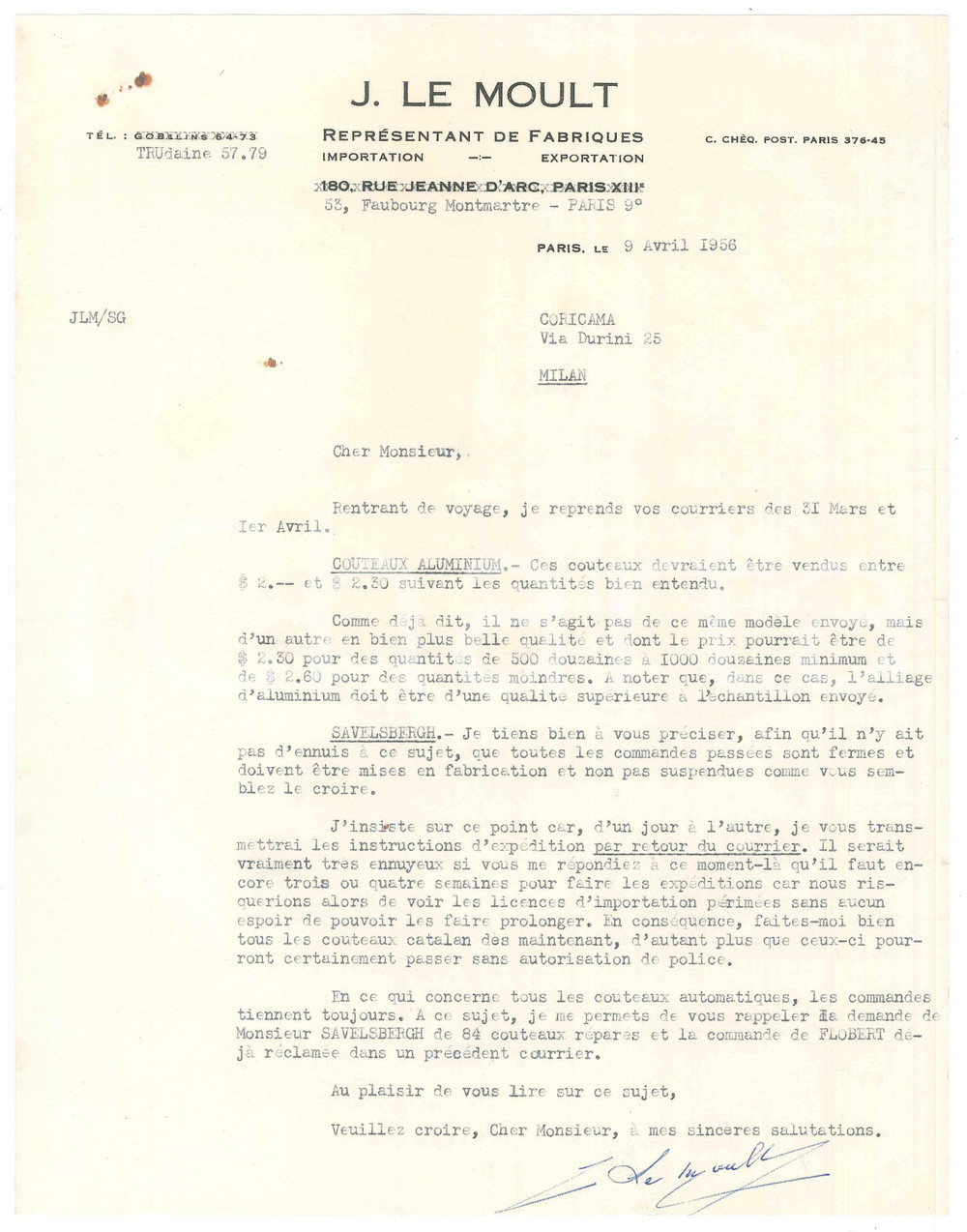 Documento originale, autentico 1956 PARIS  J. LE MOULT ReprÃ©sentant de Fabriques  Lettera commerciale 1