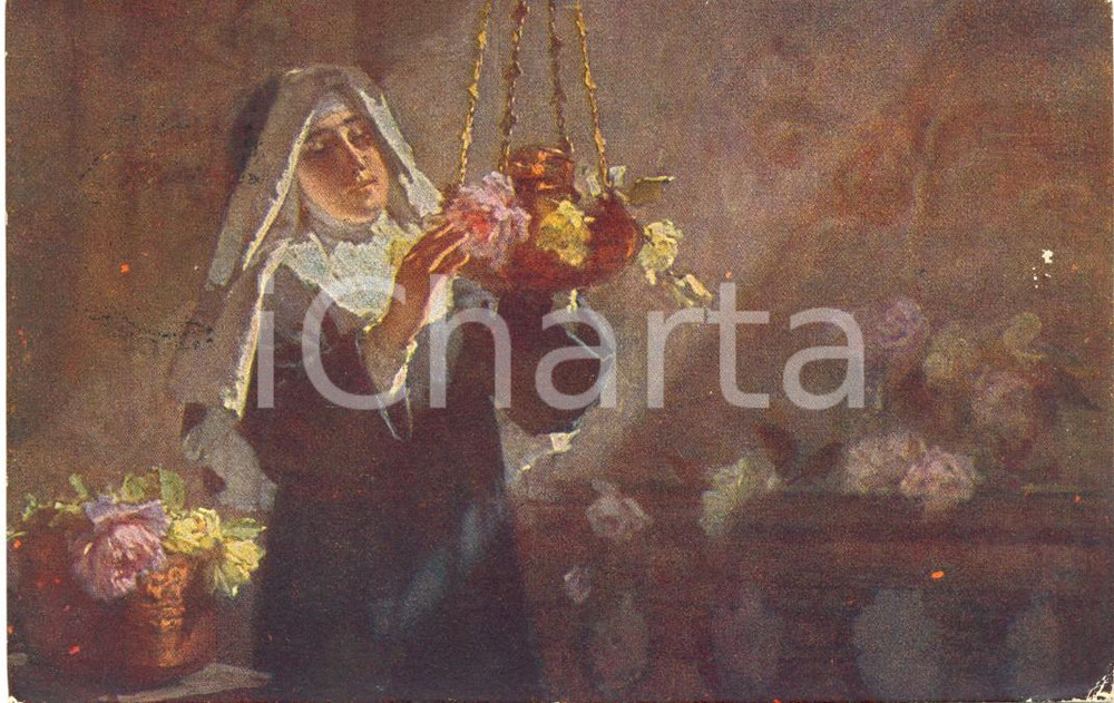 Cartolina originale da collezione 1918 COSTUMI Suora sistema composizione floreale Cartolina postale ILLUSTRATA FP 1