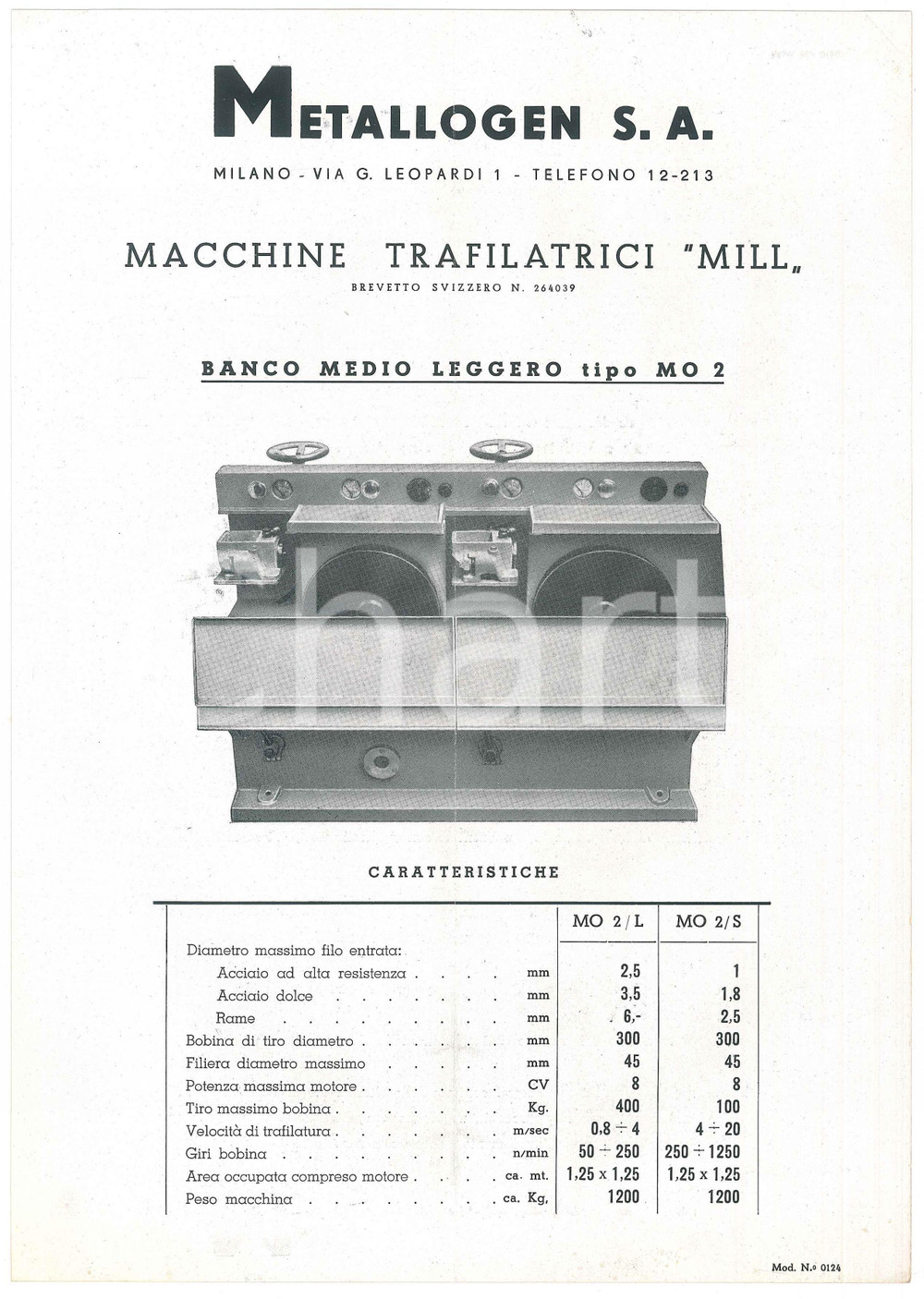Materiale pubblicitario d’epoca 1950 ca MILANO Ditta METALLOGEN  Macchine trafilatrici MILL MO 2 Scheda 1