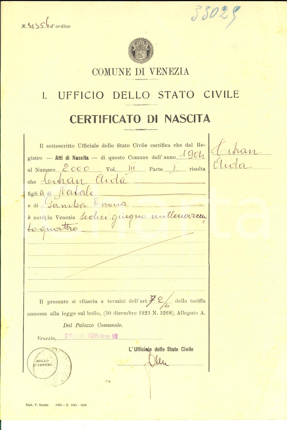 Documento originale, autentico 1935 VENEZIA  STATO CIVILE Certificato di nascita di Aida CITRAN 1
