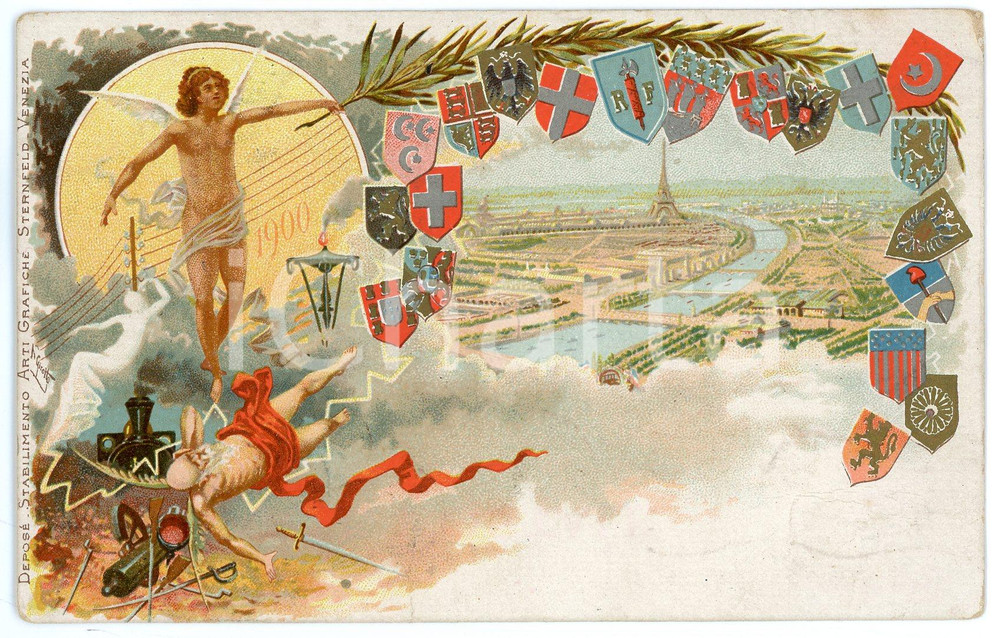 1900 EXPO PARIS Cartolina illustrata *Arti Grafiche STERNFELD Venezia  Cartolina postale d'epoca, viaggiata nel 1909. FAIR/discreto lievi piegature; smussature angolari; lievi macchie al verso Formato: 14x9 cm originale e autentica 1