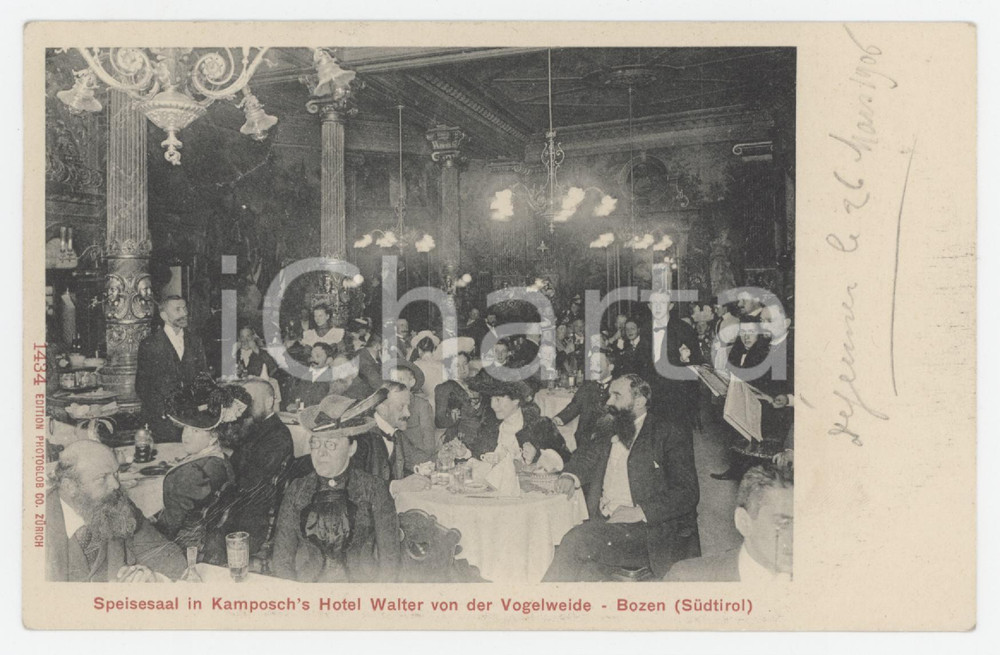 1906 BOLZANO/ BOZEN Speisesaal in Kamposch's Hotel Walter von der VOGELWEIDE  Cartolina postale d'epoca, non viaggiata. GOOD/buono  Formato: 14x9 cm originale e autentica 1