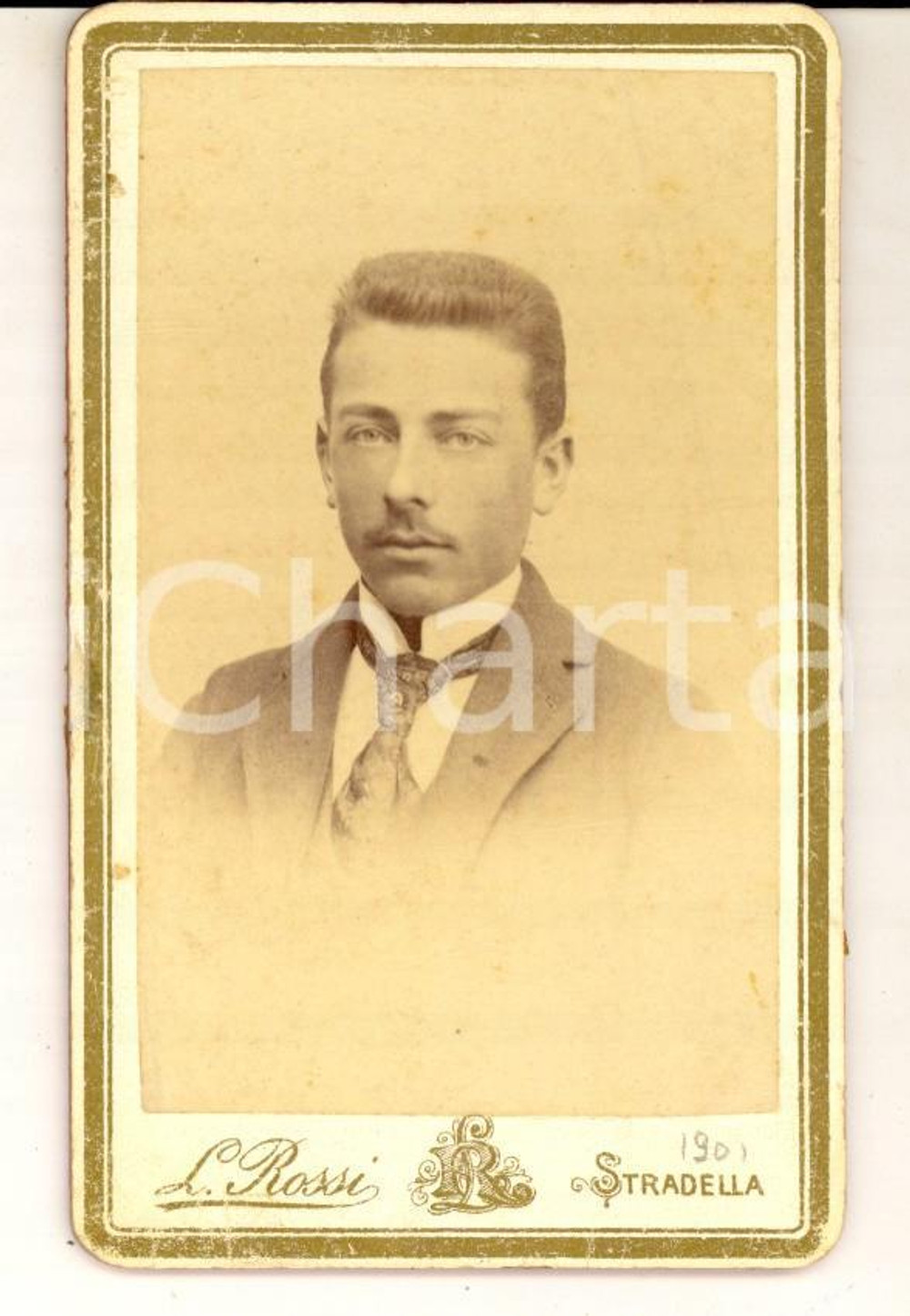 Fotografia d epoca originale 1901 STRADELLA PV Ritratto maschile con cravatta in seta Foto L. ROSSI CDV 1