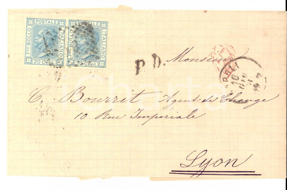 Cartolina originale da collezione 1871 STORIA POSTALE REGNO NAPOLI per LIONE Numerale a punti su coppia 20 cent. 1
