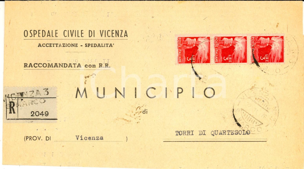 Cartolina originale da collezione 1946 STORIA POSTALE REPUBBLICA Ospedale VICENZA Busta striscia L. 3 RACCOMANDATA 1