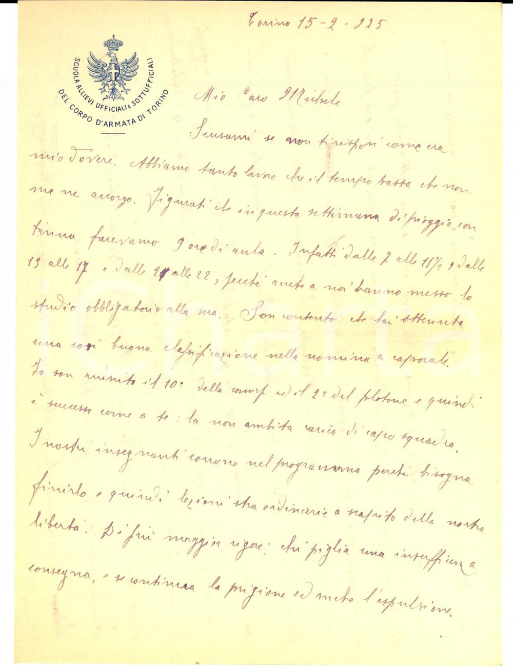 Manoscritto, lettera originale 1925 TORINO Mario MUSSO e la durezza della Scuola Allievi Ufficiali Lettera 1