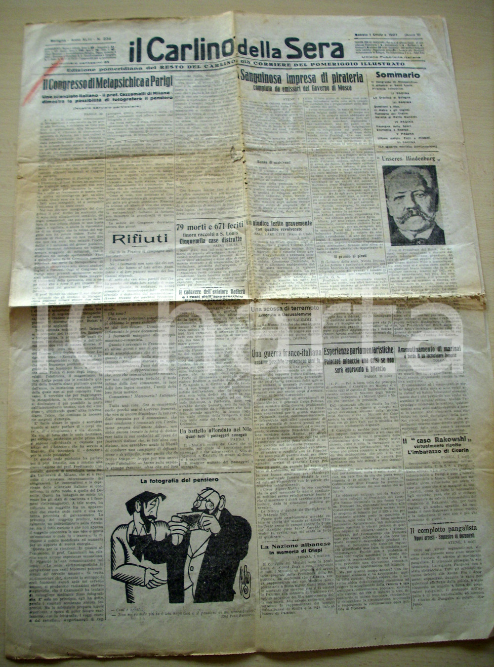 Giornale, rivista storica 1927 CARLINO DELLA SERA Metapsichica CAZZAMALLI pirati Giornale 1