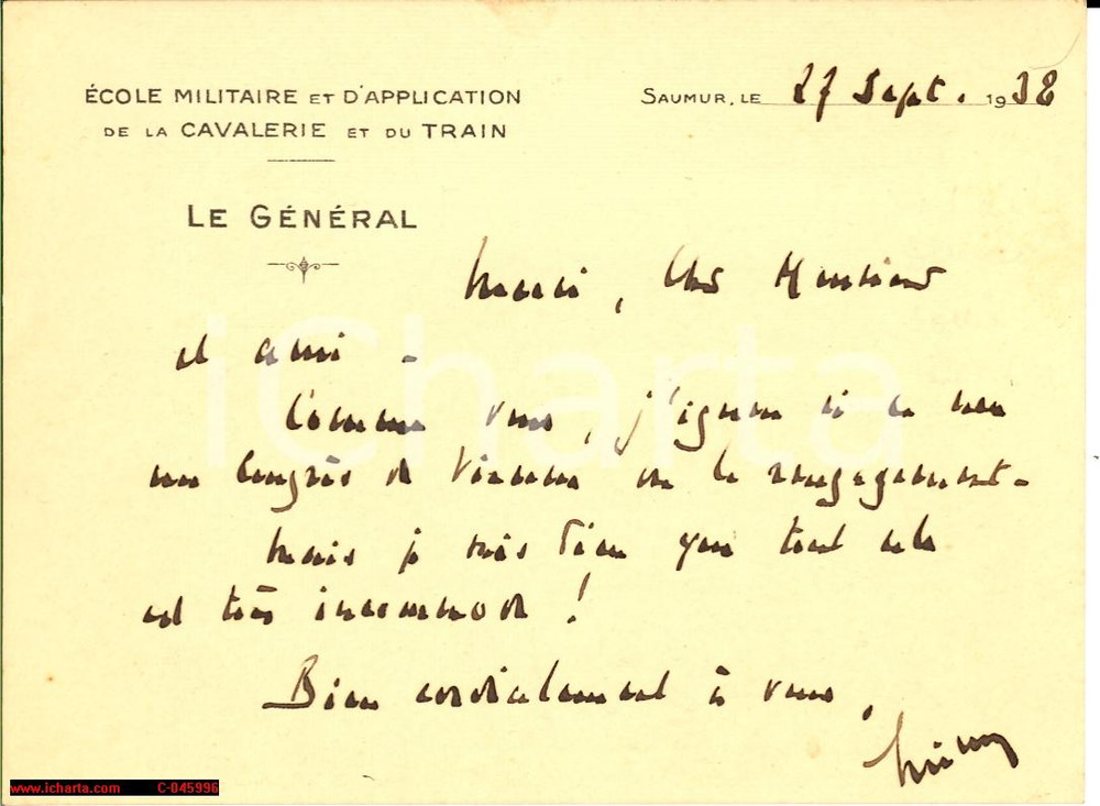 Autografo originale 1938 SAUMUR Ecole de Cavalerie Gen. BRIDOUX Autographe 1