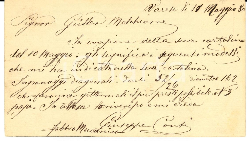 Documento originale, autentico 1880 VARESE Giuseppe CONTI fabbro meccanico a Melchiorre GULLER 1