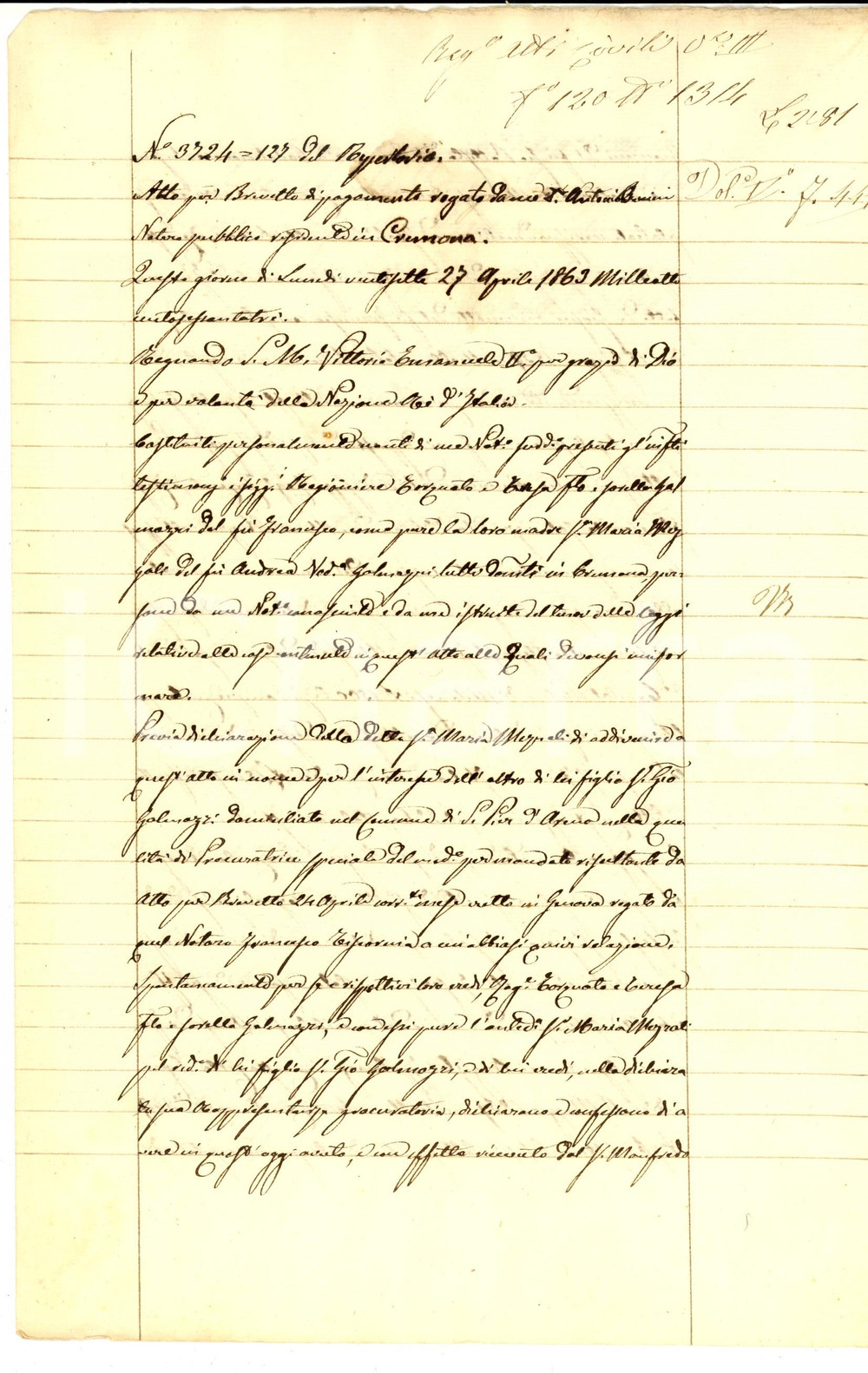 Documento originale, autentico 1863 CREMONA Quietanza di Maria MEZZALI pro Manfredo FIAMENI Manoscritto 1