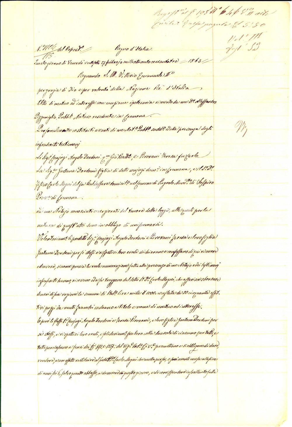 Documento originale, autentico 1863 CREMONA Prestito di Carlo MAGNI ai coniugi Angelo DORDONI e Teresa PIROVANI 1