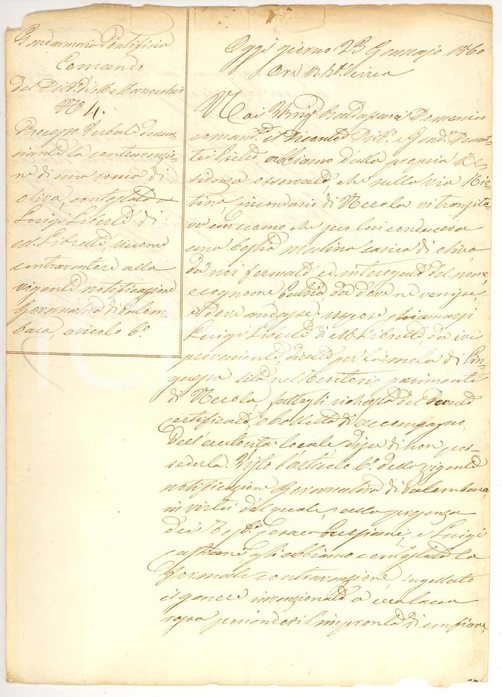 Manoscritto, lettera originale 1860 ROMA Guardie Pontificie multano LIBERTI per olive 1