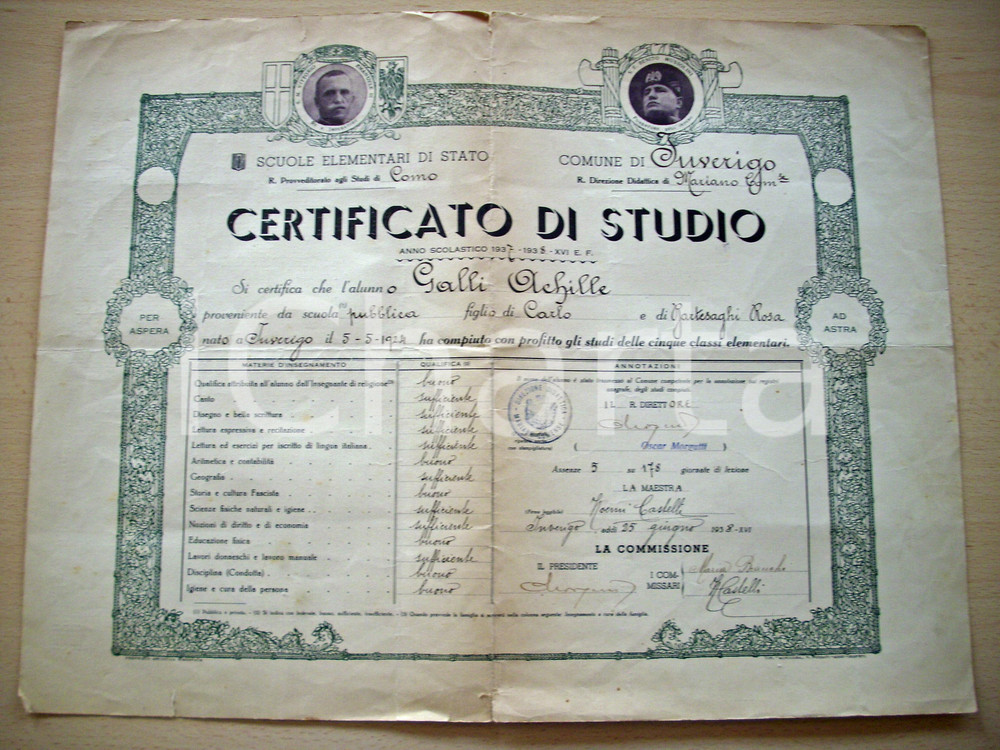 Oggetto da collezione cartaceo 1938 INVERIGO CO Licenza elementare  Certificato di studio 1