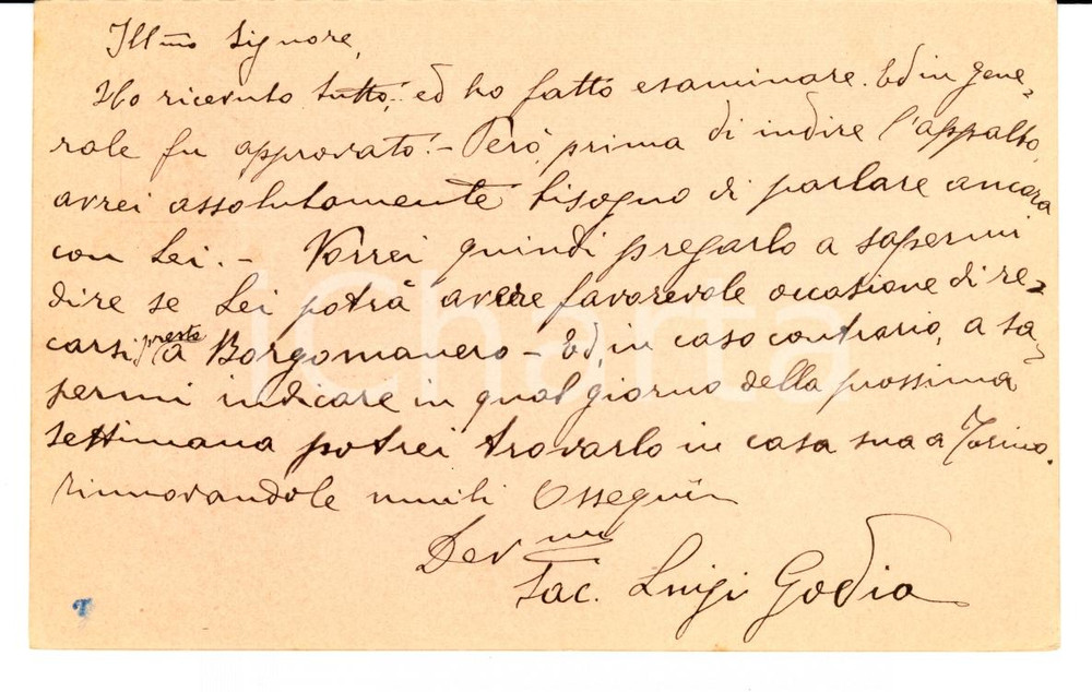 Autografo originale 1905 BORGOMANERO (NO) Don Luigi GODIO all'ing. MOLLI per chiesa SANTO STEFANO 1
