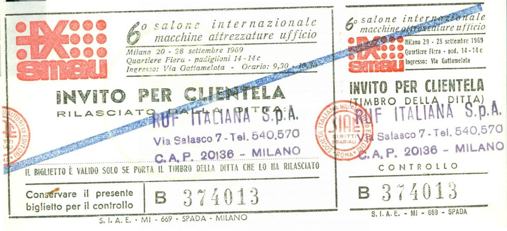 Oggetto da collezione cartaceo 1969 MILANO Invito 6° SMAU Salone Macchine attrezzature ufficio RUF ITALIANA 3 1