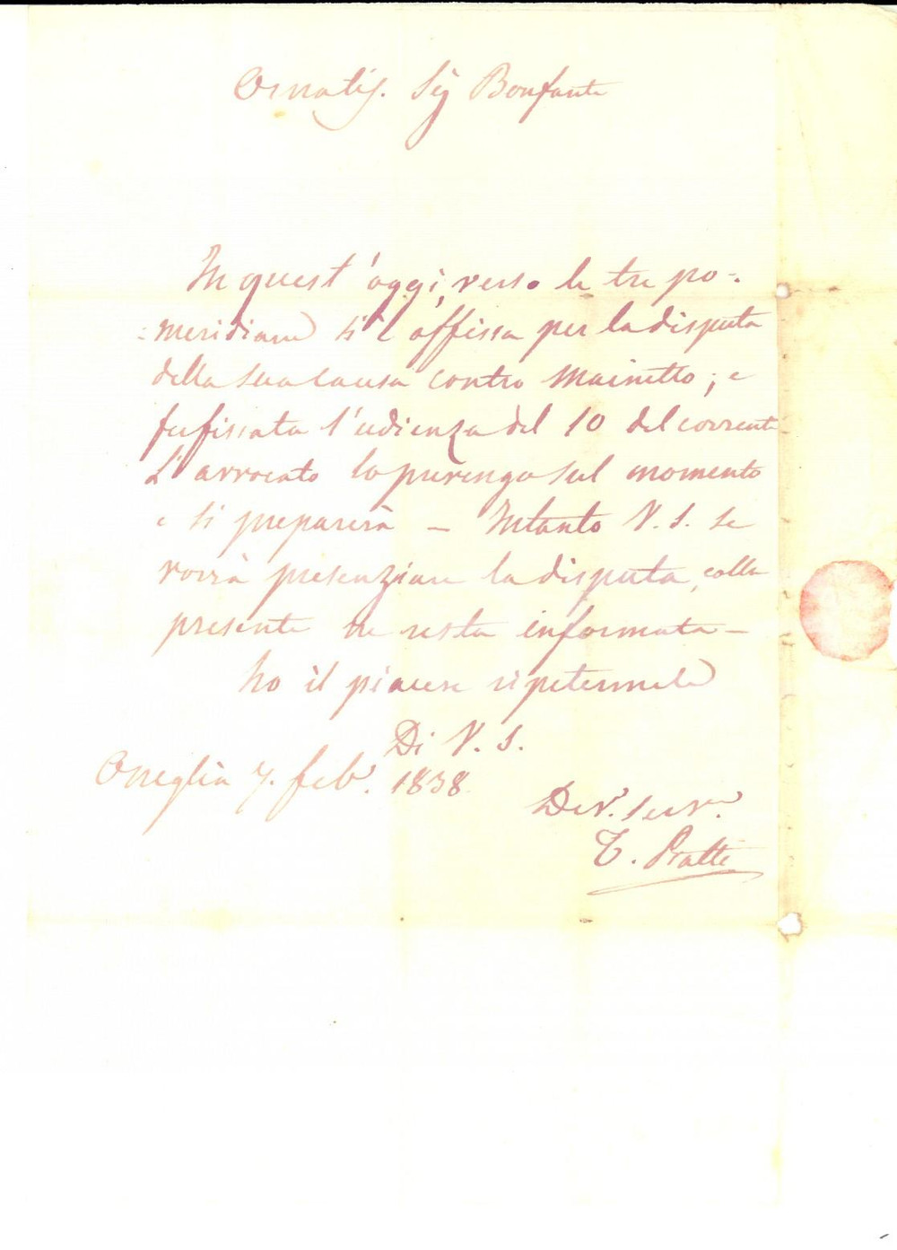 Manoscritto, lettera originale 1838 ONEGLIA Lettera avvocato Tommaso PIATTI su causa Bianca MAINETTO 1