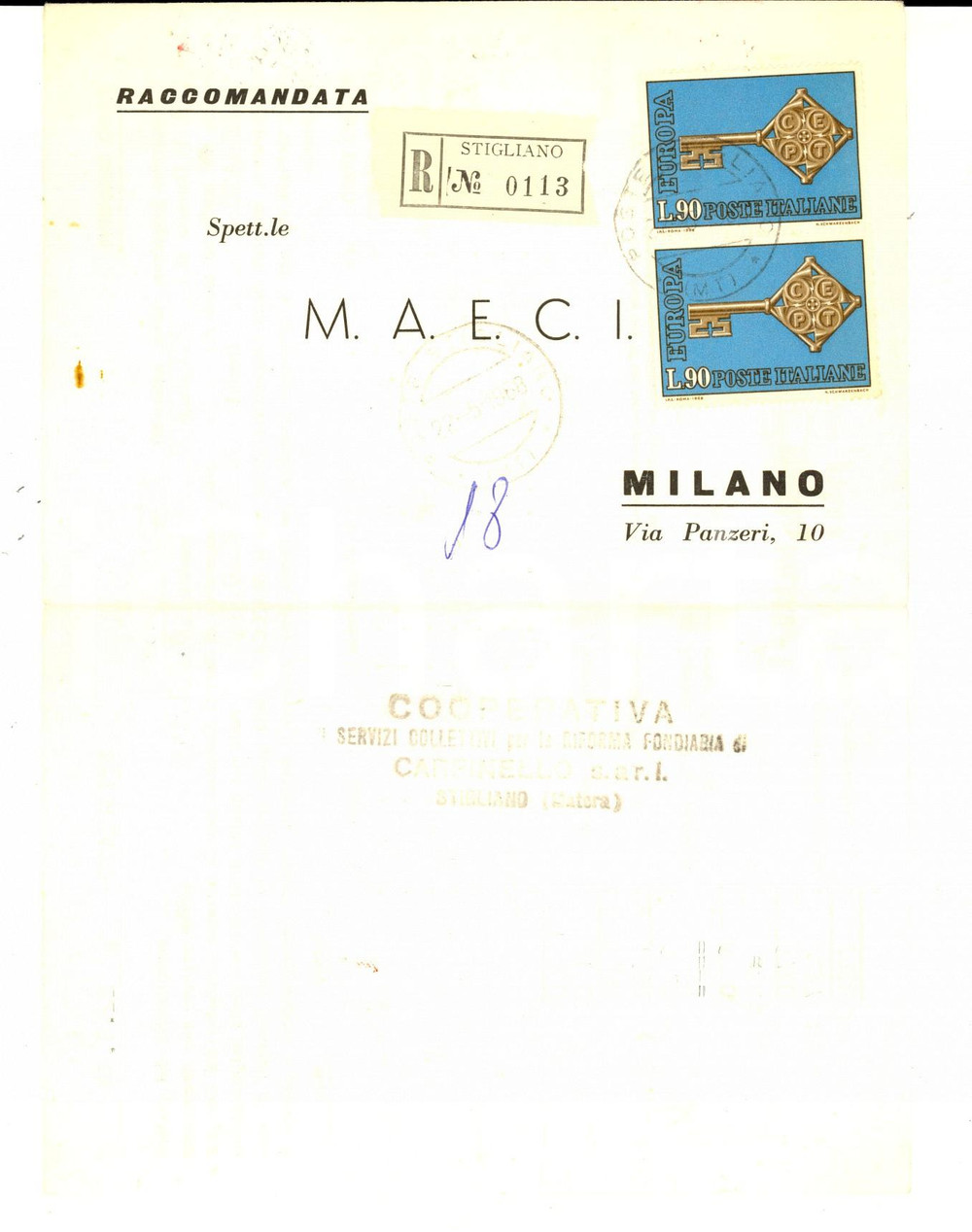 Materiale pubblicitario d’epoca 1968 STORIA POSTALE STIGLIANO Assicurazione M.A.E.C.I. grandine L. 90 EUROPA 1