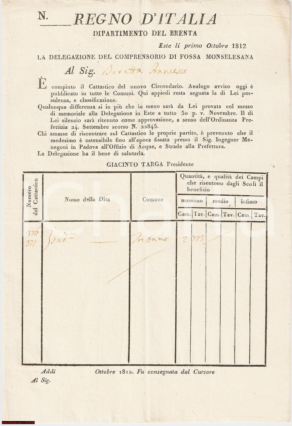 Documento originale, autentico 1812 TRIBANO PD Possedimenti di Francesco BERETTA 1
