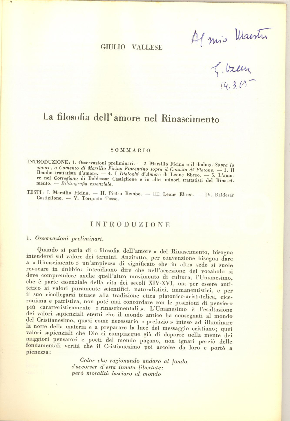 Libro, pubblicazione d epoca 1961 Giulio VALLESE La filosofia dell amore nel Rinascimento  Invio AUTOGRAFO 1
