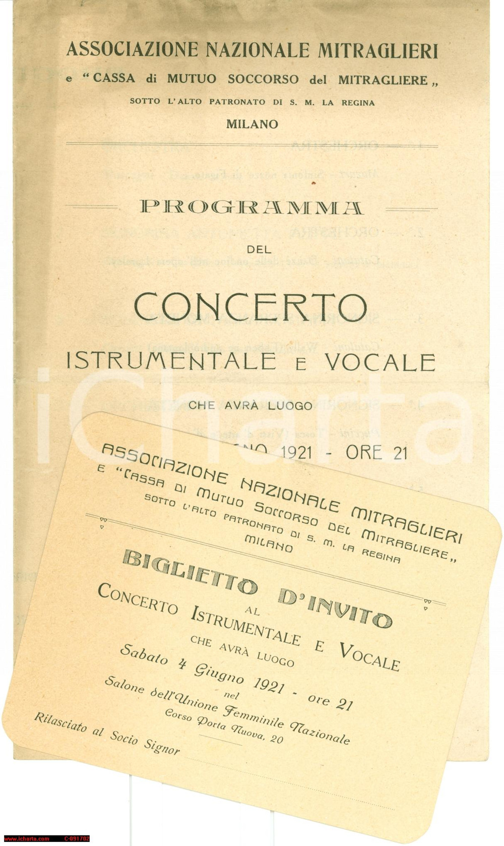 Documento originale, autentico 1921 MILANO Musica Concerto Associazione Nazionale MITRAGLIERI  Programma 1
