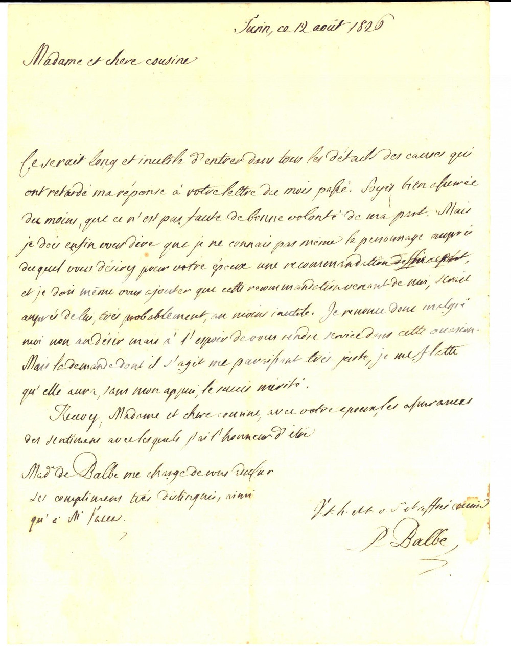 Documento originale, autentico 1826 TORINO Conte BALBO BERTONE su raccomandazione Costanza CROVA VACCA 1