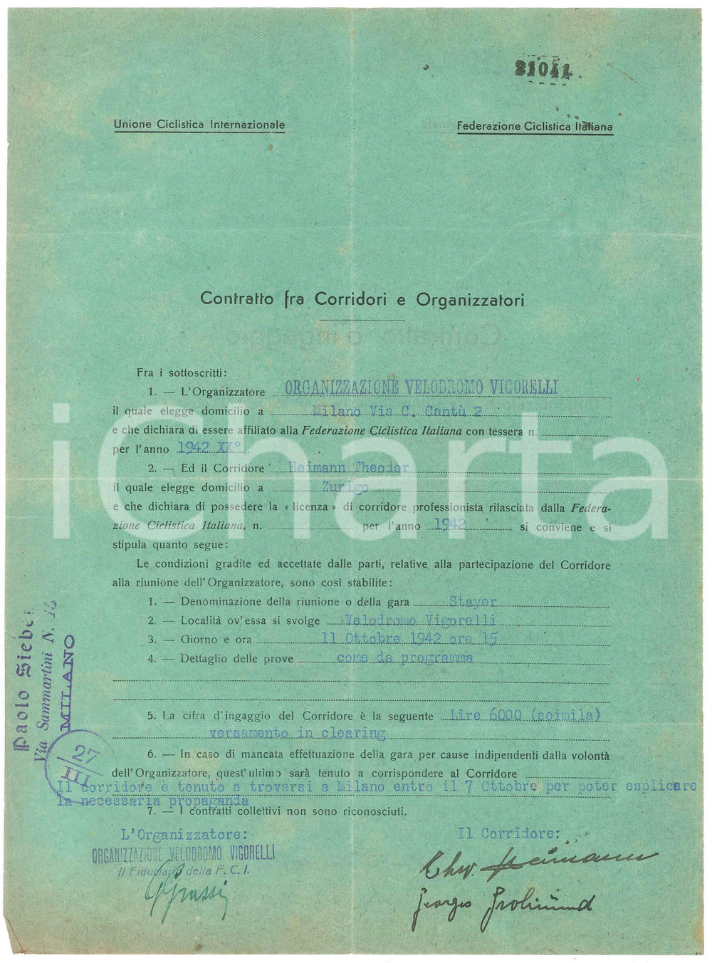 1942 CICLISMO MILANO Contratto Theodor HEIMANN per gara al Vigorelli *AUTOGRAFO