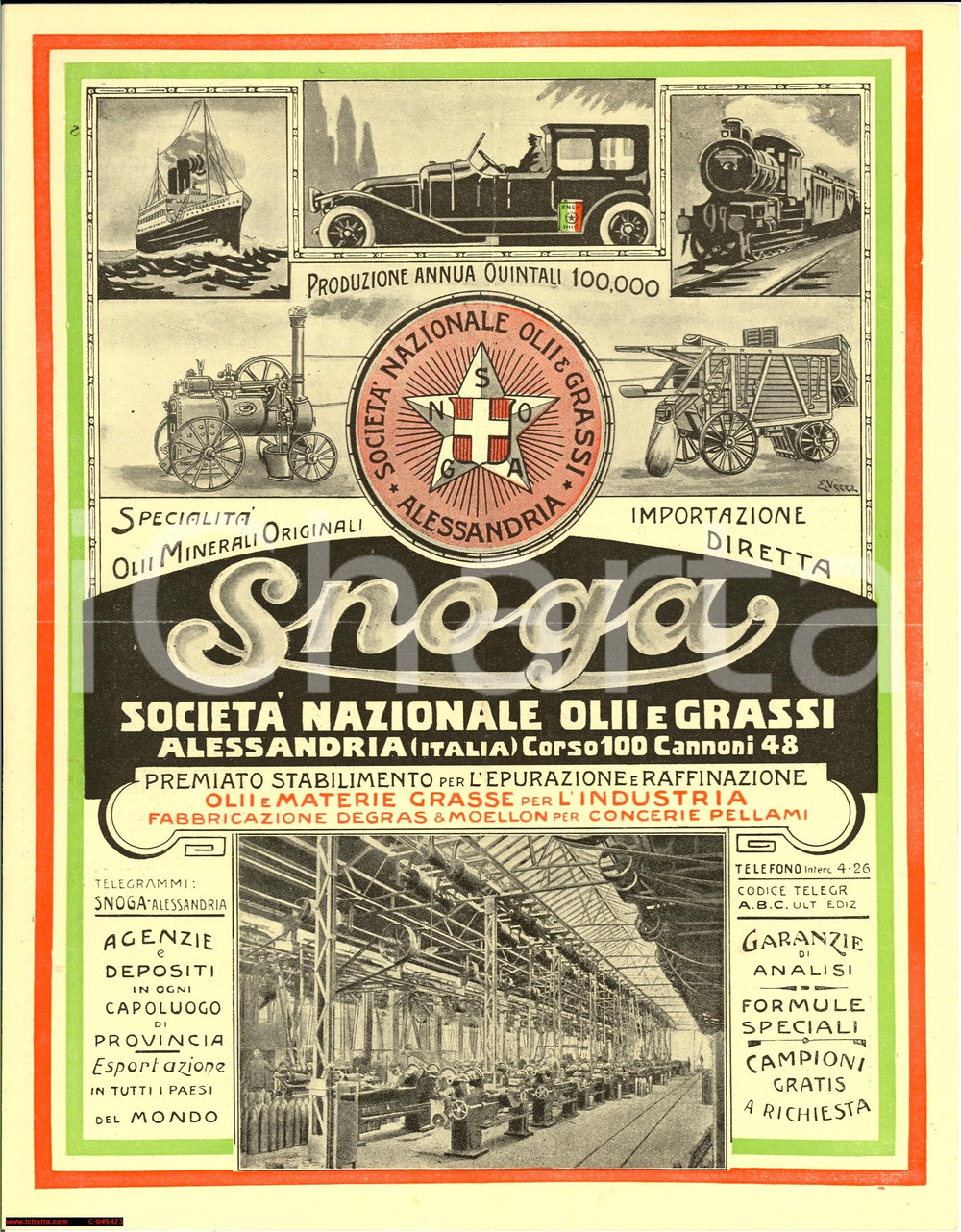 Materiale pubblicitario d’epoca 1923 ALESSANDRIA pubblicità SNOGA olii industriali Pieghevole 1