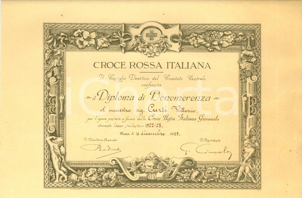 Documento originale, autentico 1923 ROMA CROCE ROSSA ITALIANA Diploma benemerenza maestro Vittorio CURTI 1