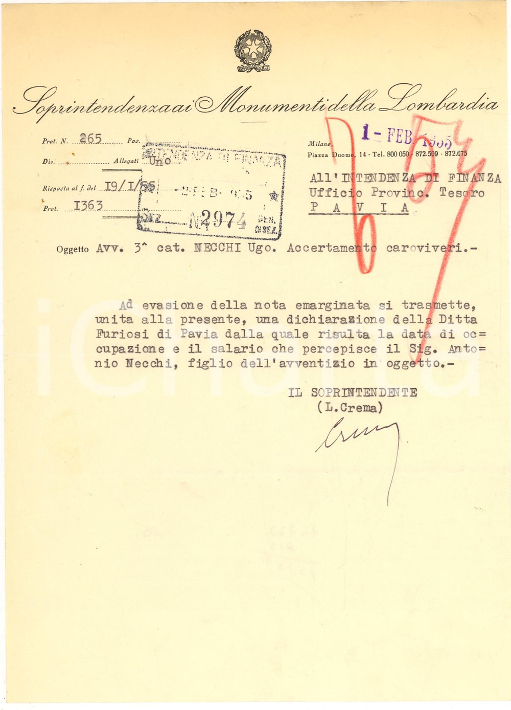 Autografo originale 1955 PAVIA Salario Antonio NECCHI Autografo Luigi CREMA 1