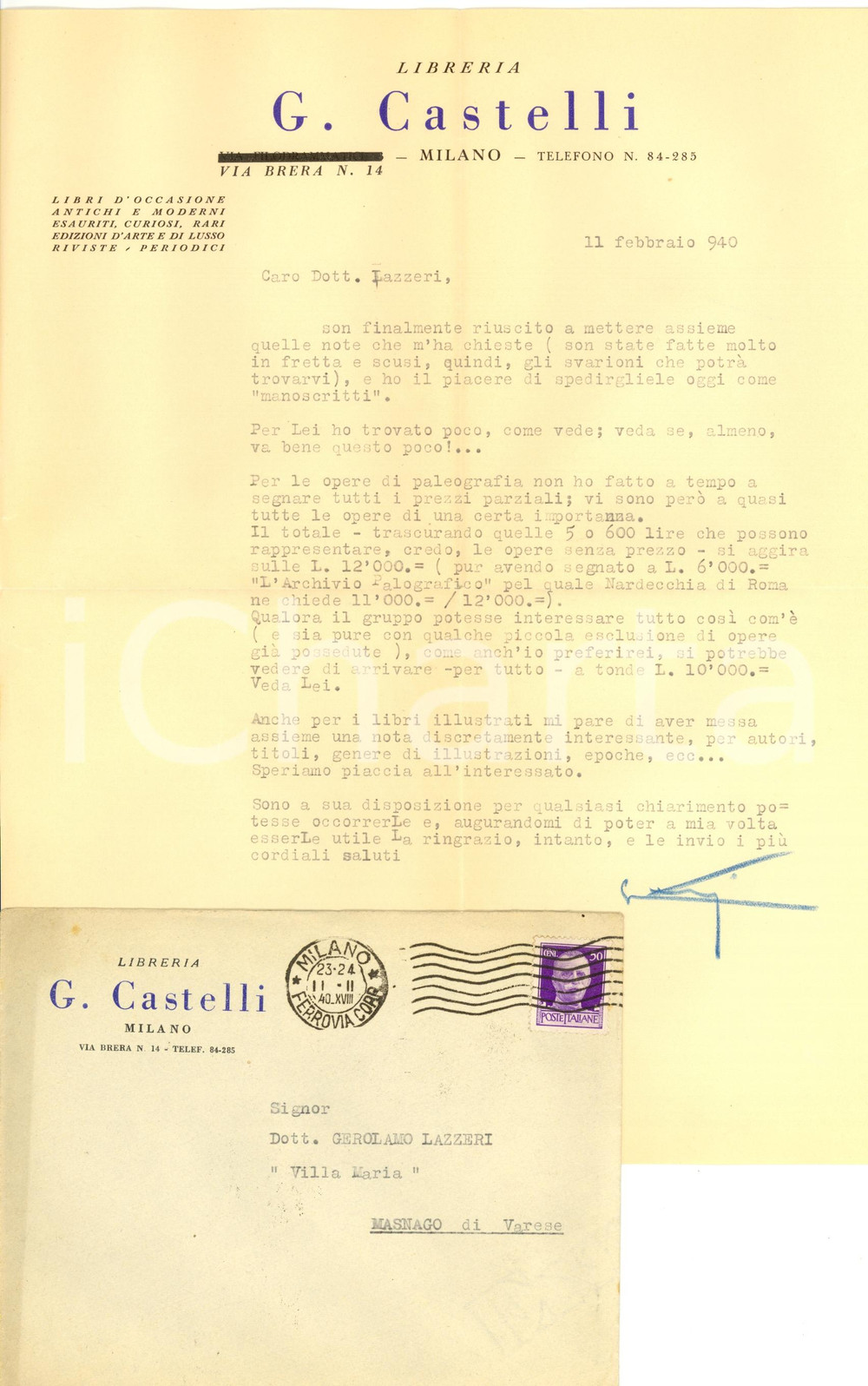 Autografo originale 1940 MILANO Libreria G. CASTELLI Via Brera 14 Preventivo opere di paleografia 1