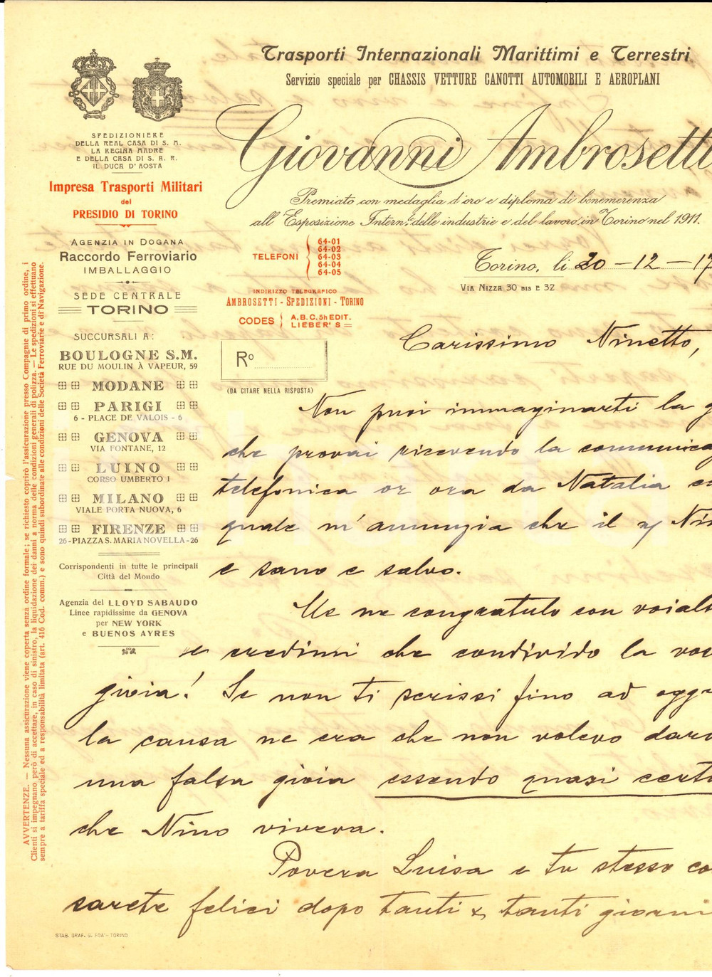 Documento originale, autentico 1917 TORINO Giovanni AMBROSETTI Trasporti Lettera privata su carta intestata 1