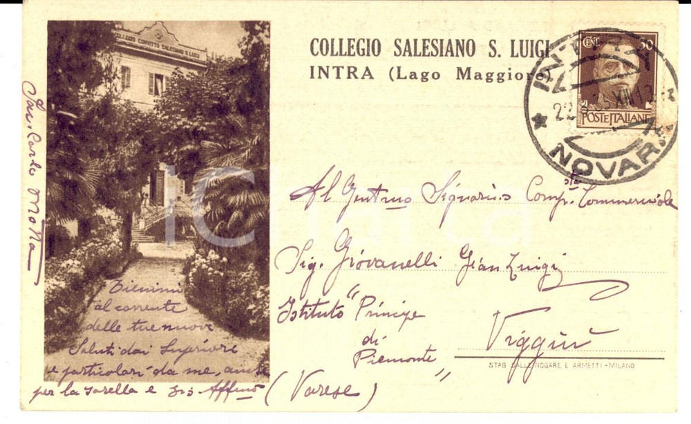 Autografo originale 1935 VERBANIA INTRA Collegio Salesiano SAN LUIGI Cartolina don Carlo MOTTA FP VG 1