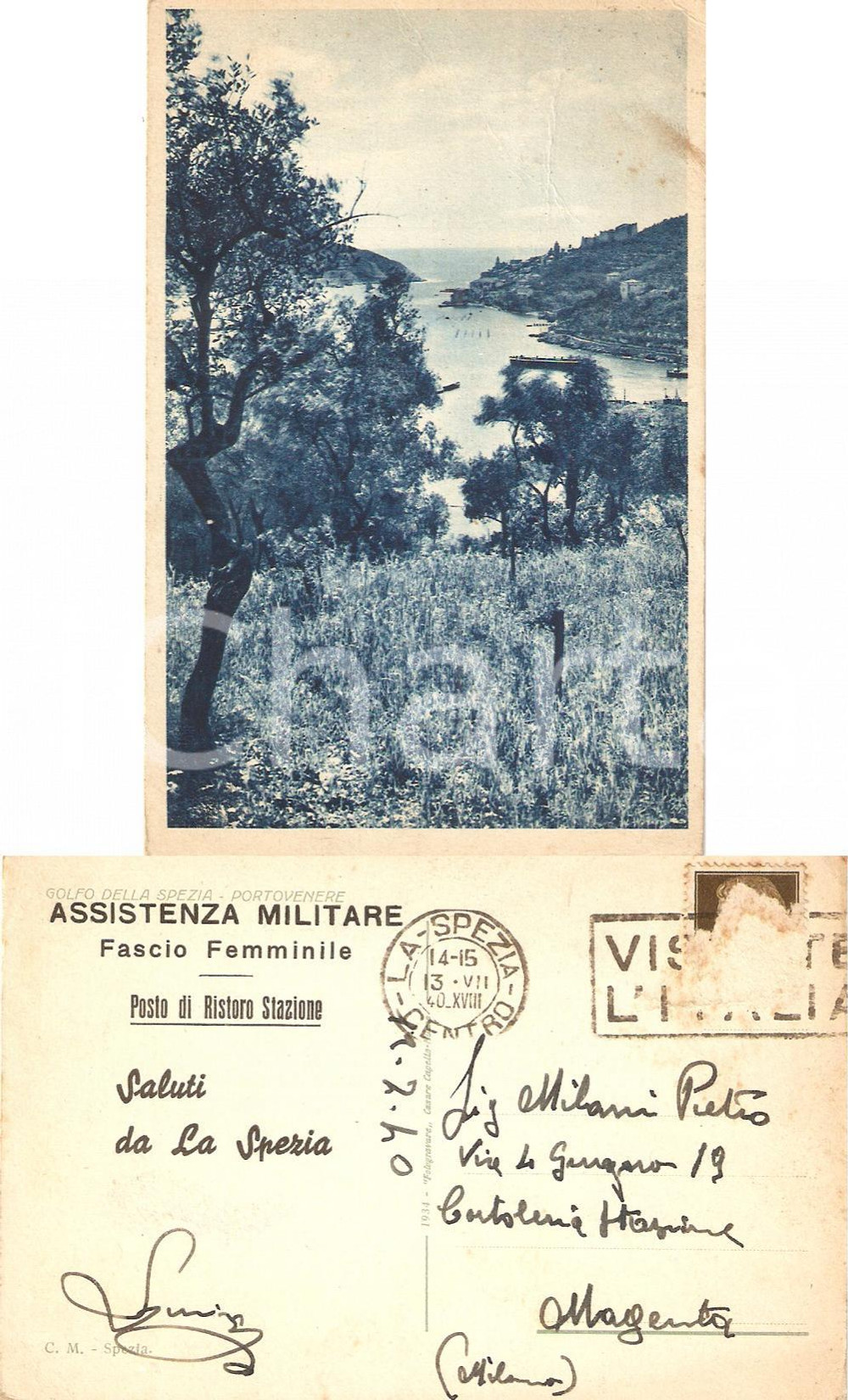 Cartolina originale da collezione 1940 PORTO VENERE (SP) Scorcio panoramico del golfo - Assistenza Militare 1