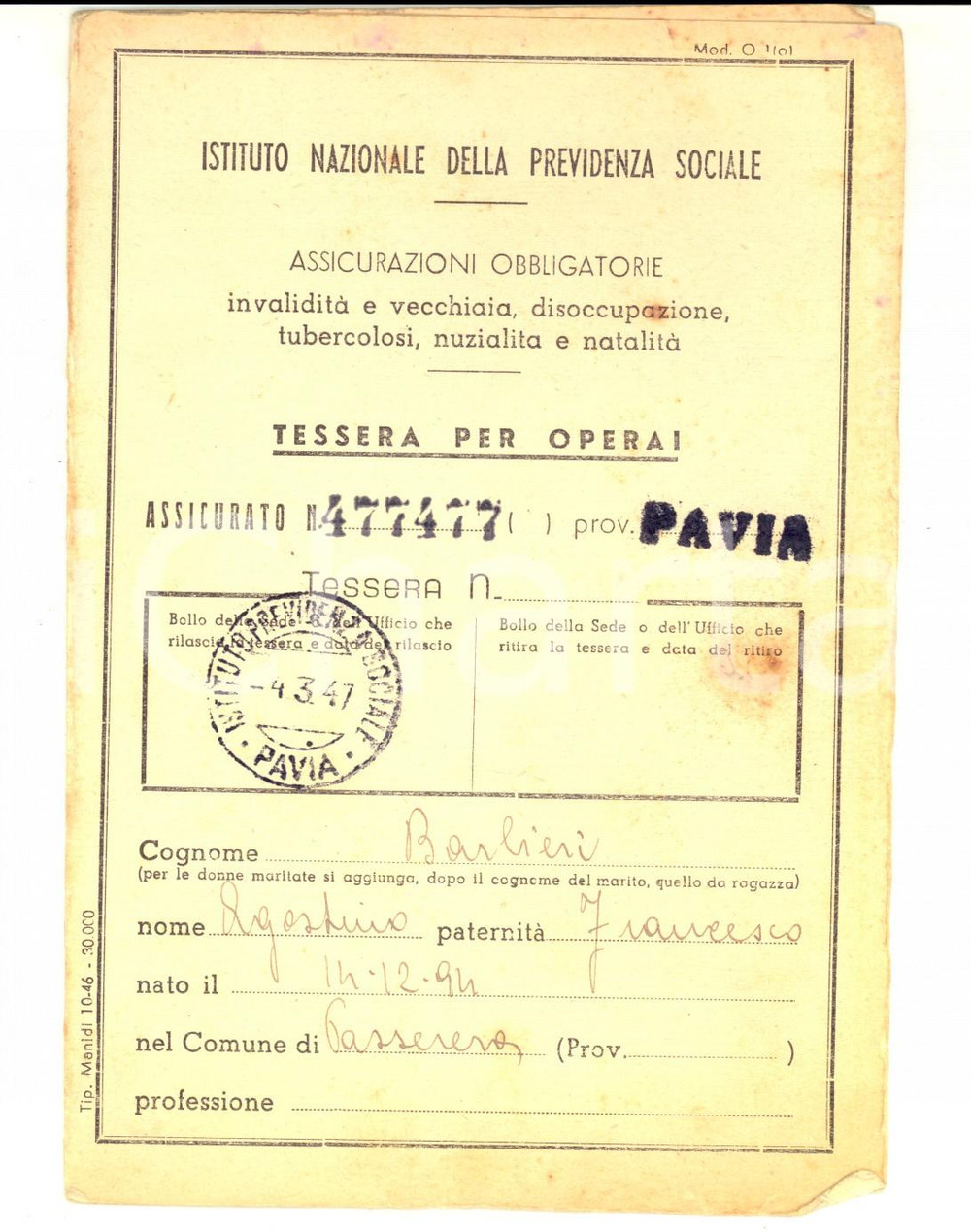 Oggetto da collezione cartaceo 1947 INPS PASSERERA CR Tessera di Agostino BARBIERI operaio 1