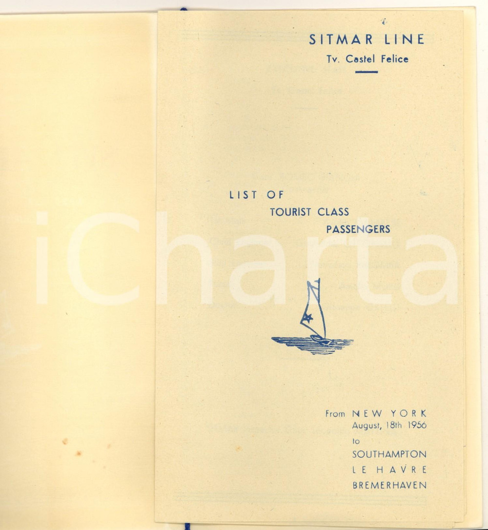 Materiale pubblicitario d’epoca 1956 SITMAR LINE TURBO NAVE CASTEL FELICE Passenger list SOUTHAMPTON 1