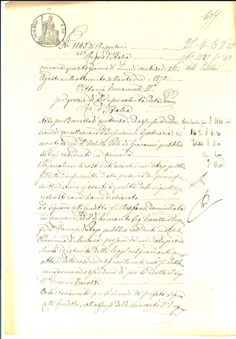 Documento originale, autentico 1872 CREMONA Quietanza Giuditta CELLI a Giacomo GARGIONI per saldo prestito 1