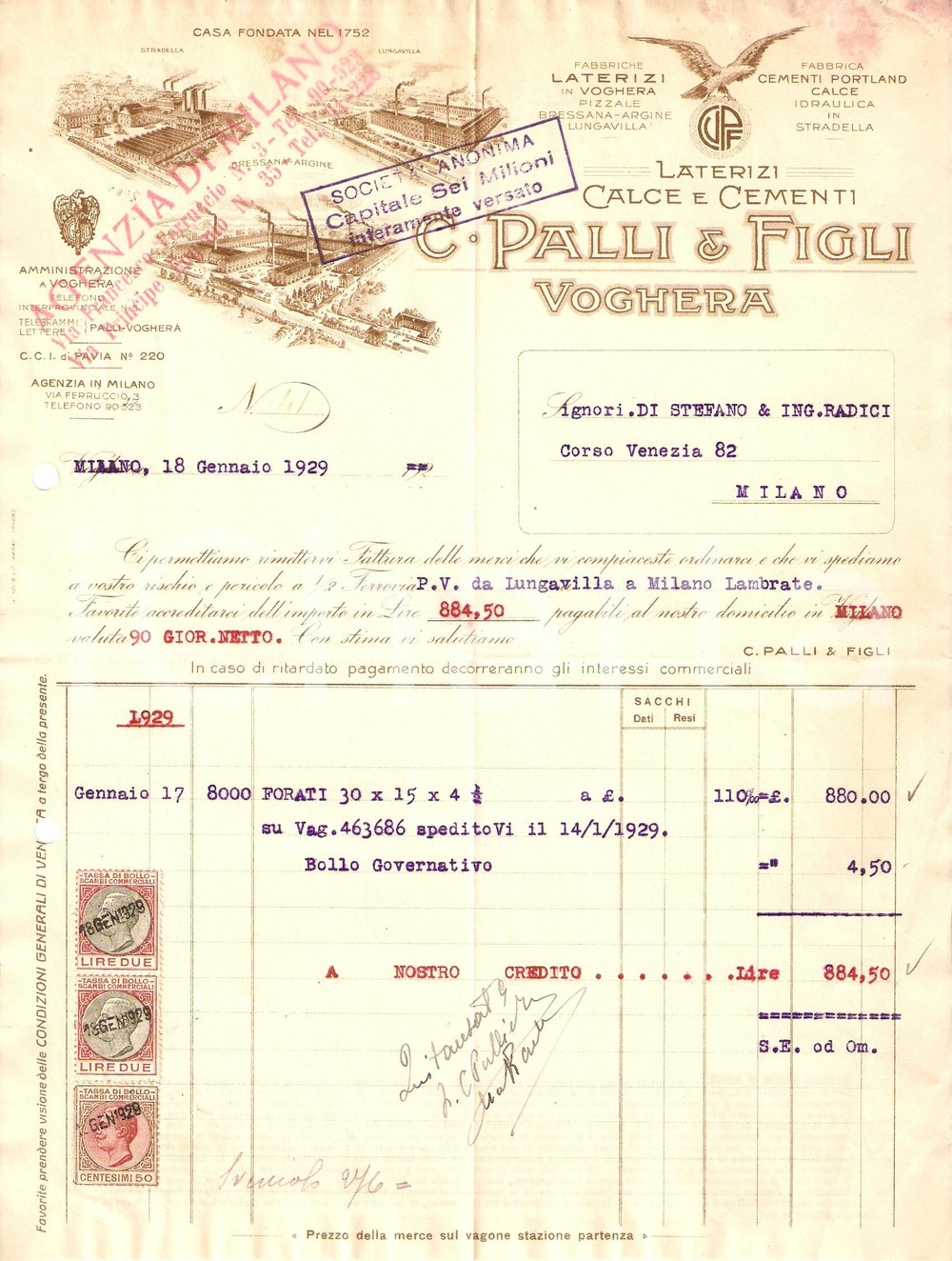 Manoscritto, lettera originale 1929 VOGHERA PV SocietÃ  Carlo PALLI E FIGLI Fabbrica Laterizi e cementi Fattura 1