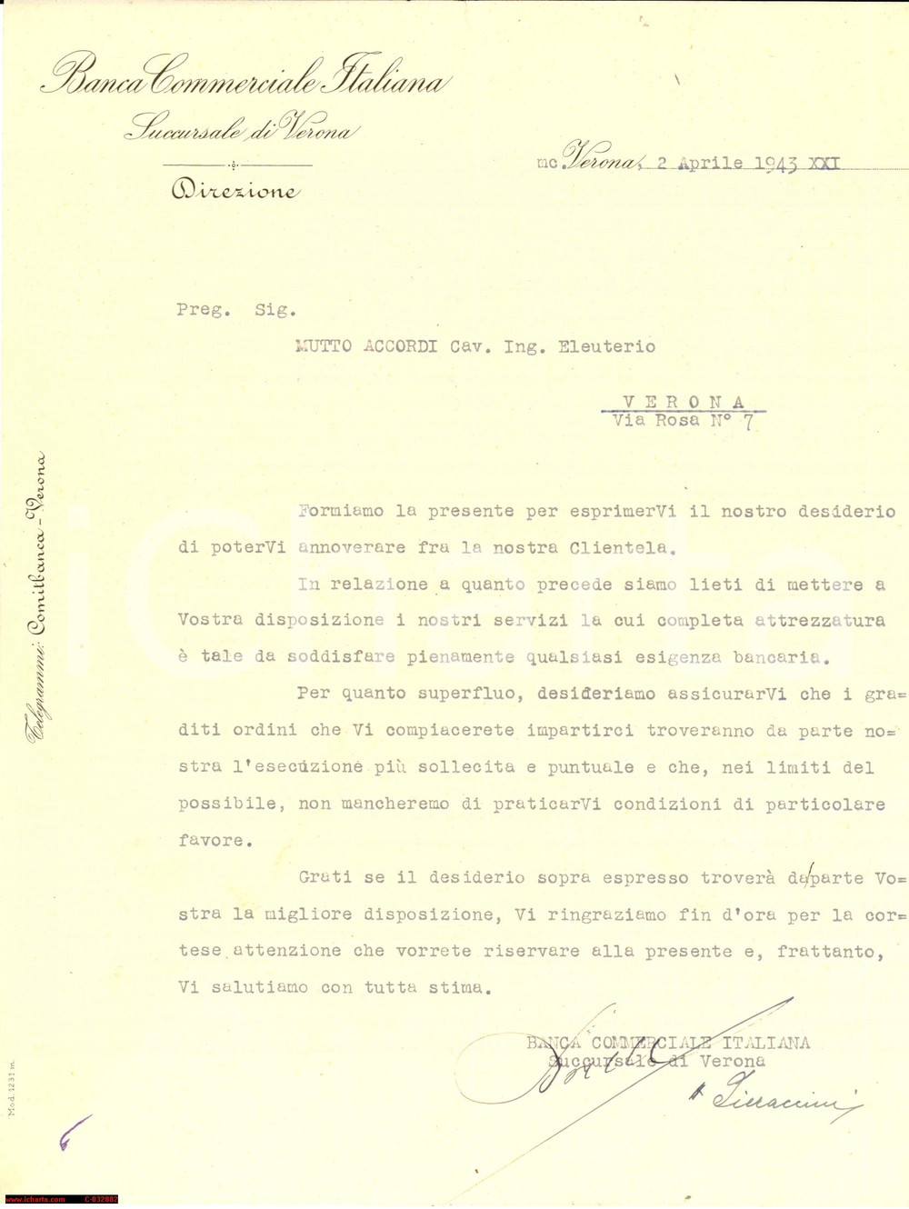 Documento originale, autentico 1943 BANCA COMMERCIALE ITALIANA Verona - invito 1