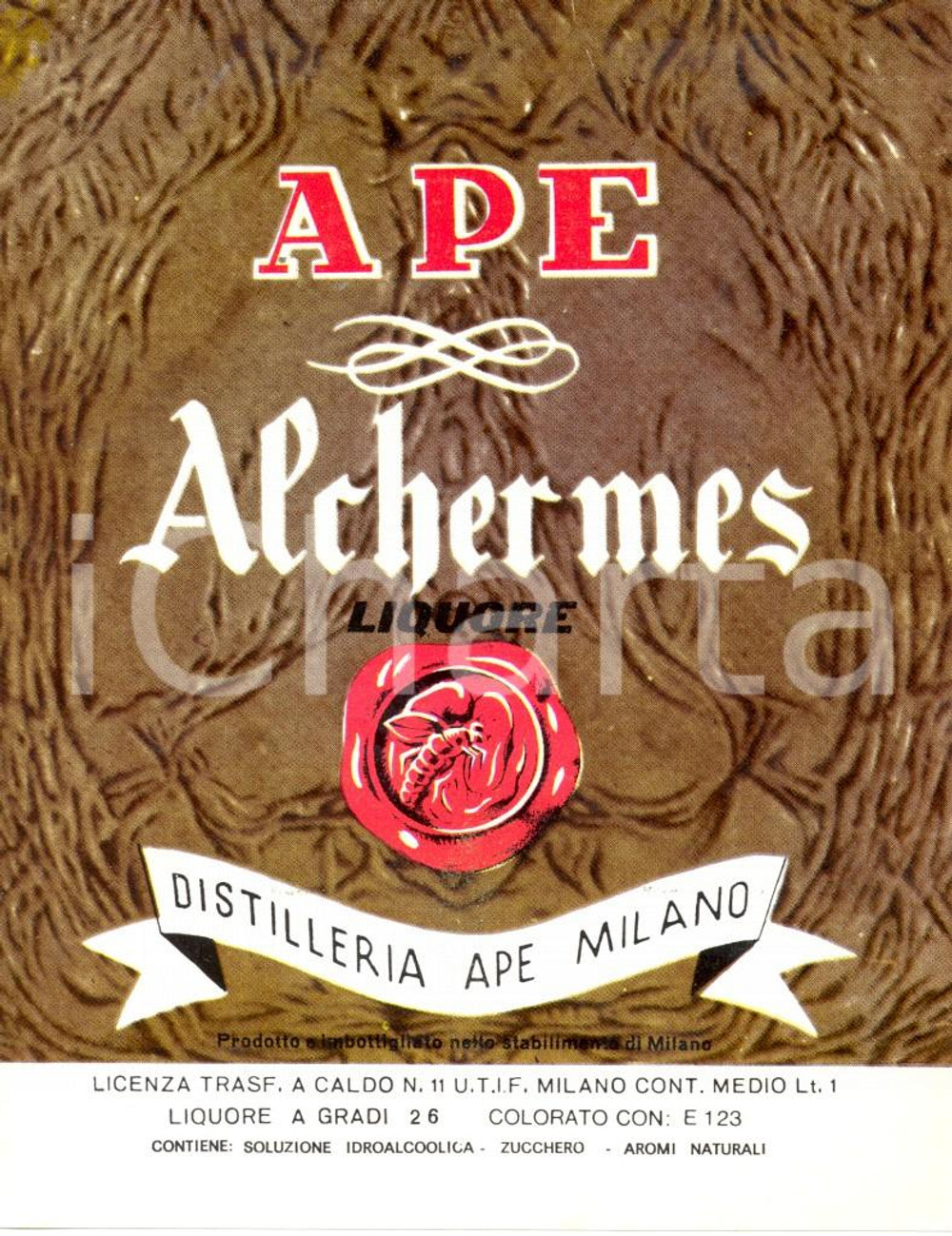 Materiale pubblicitario d’epoca 1970 ca MILANO LIQUORE ALCHERMES Distilleria APE Etichetta pubblicitaria 1