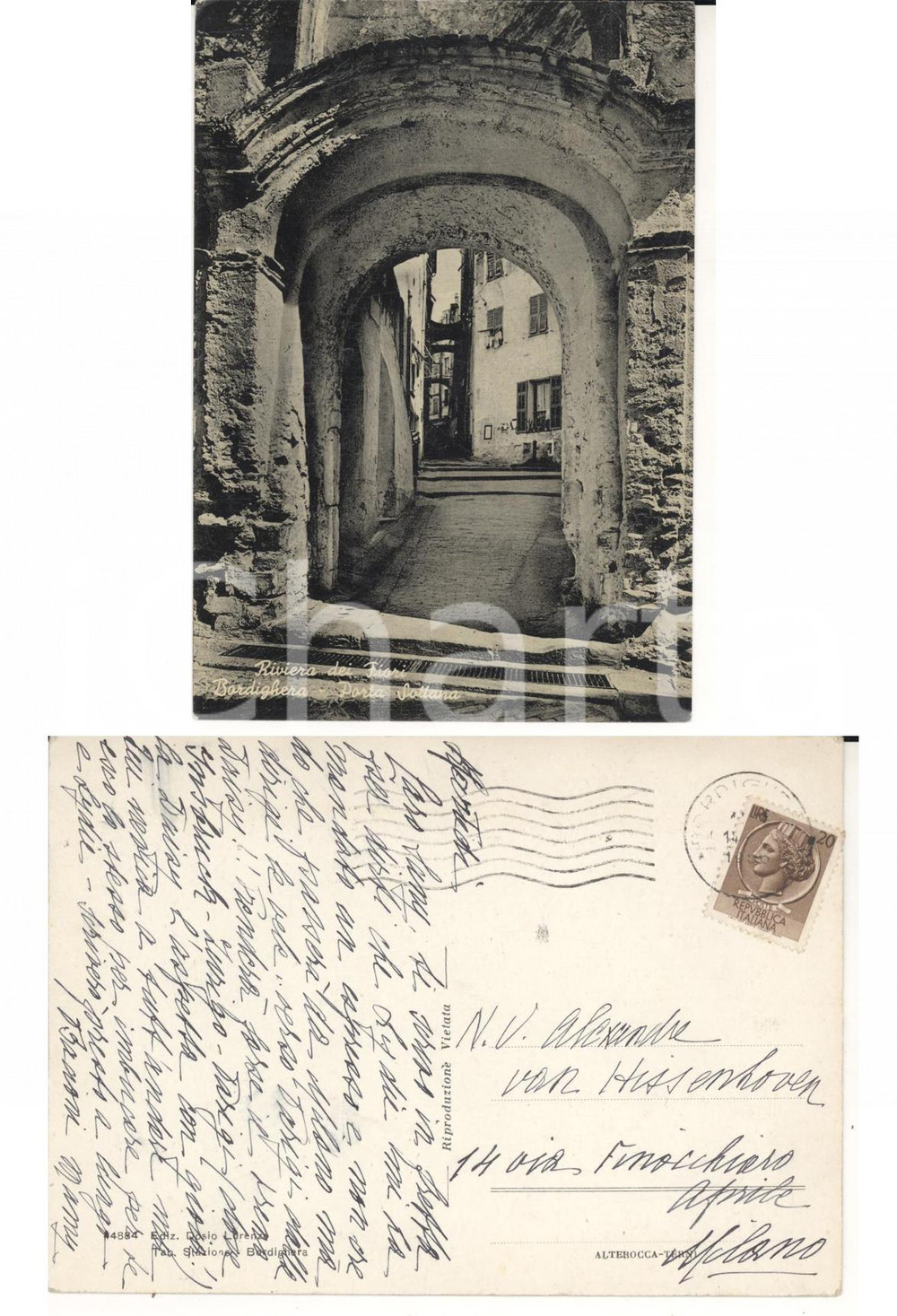 Autografo originale 1956 BORDIGHERA Porta Sottana Alessandra STAGLIENO ad Alexandre VAN HISSENHOVEN 1