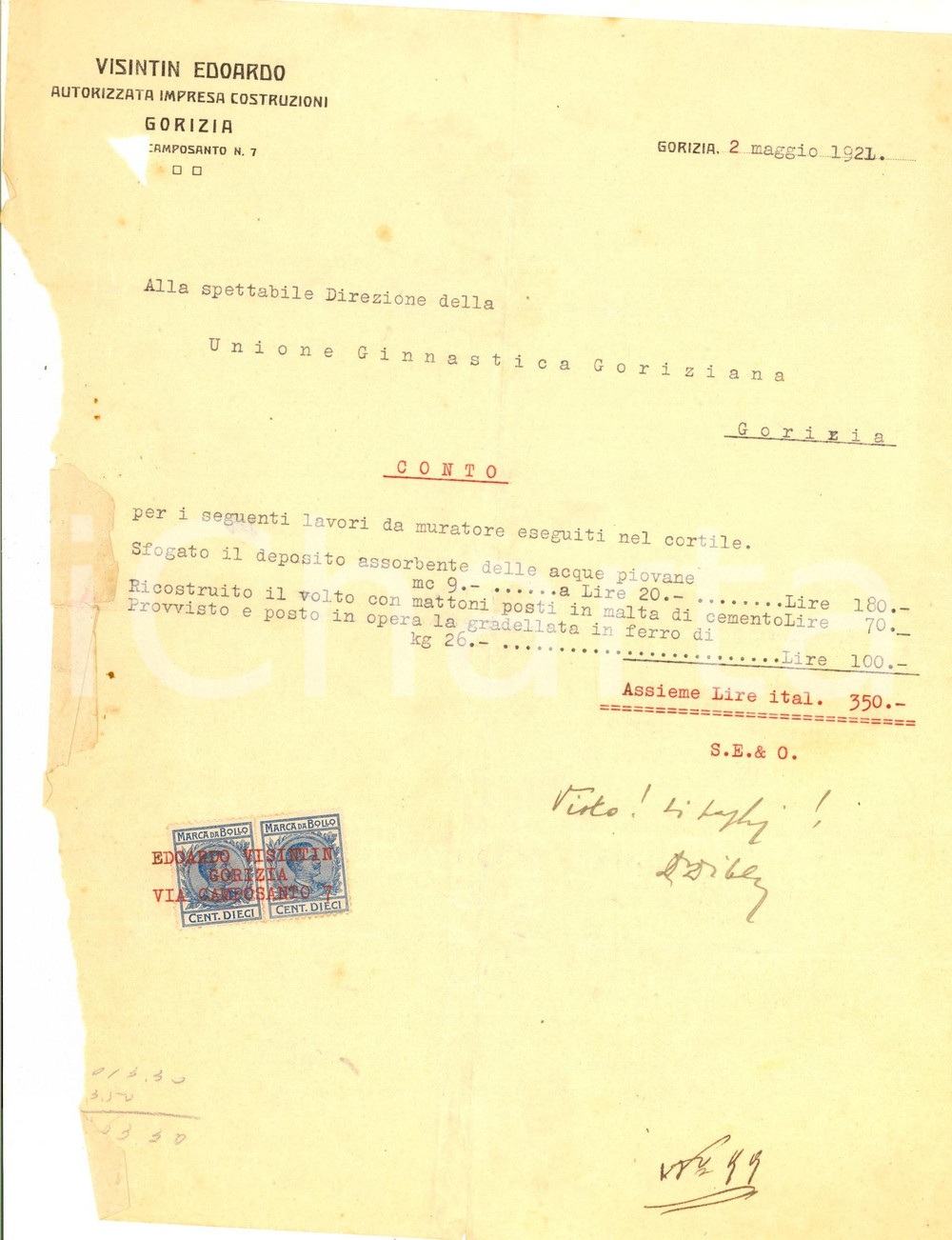 Documento originale, autentico 1921 GORIZIA Edoardo VISINTIN Fattura GRAVEMENTE DANNEGGIATA a Unione Ginnastica 1