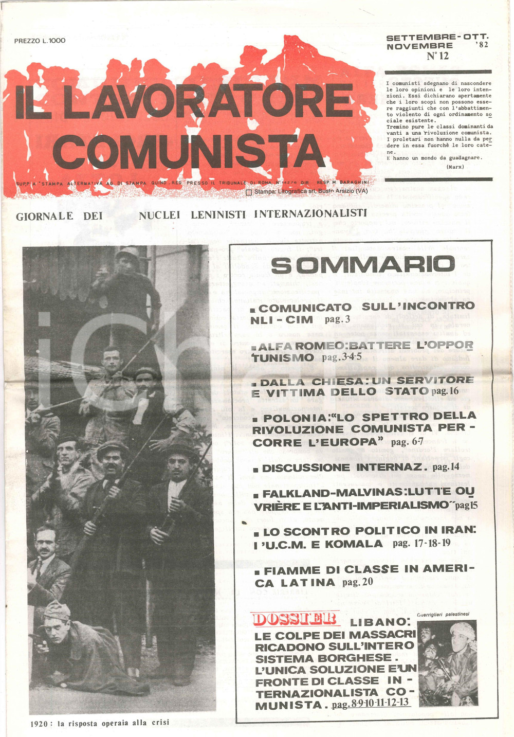 Giornale, rivista storica 1982 IL LAVORATORE COMUNISTA Opportunismo ALFA ROMEO  DALLA CHIESA vittima 1